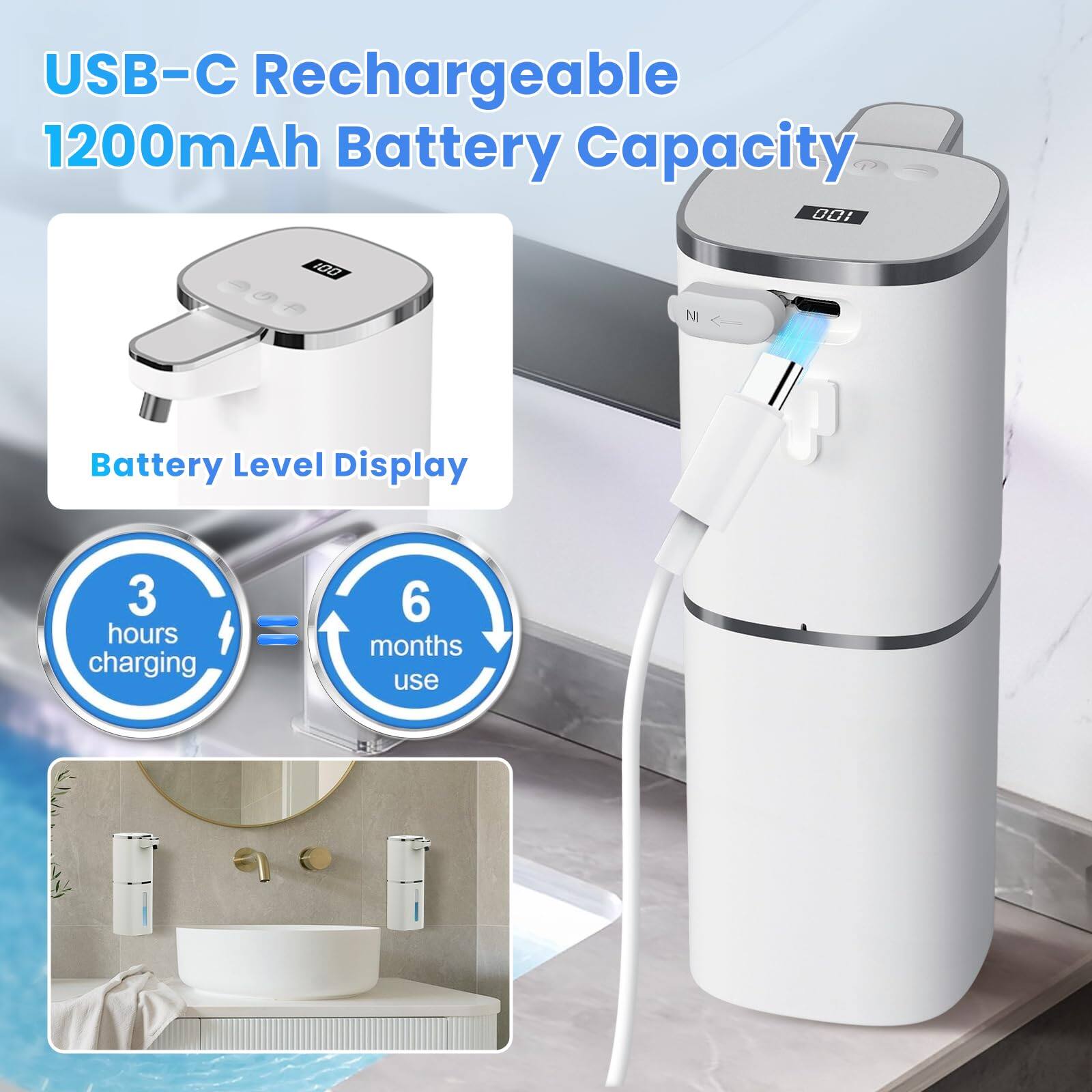 USB-C Rechargeable  
1200mAh Battery Capacity  

Battery Level Display  

3 hours charging  
6 months use