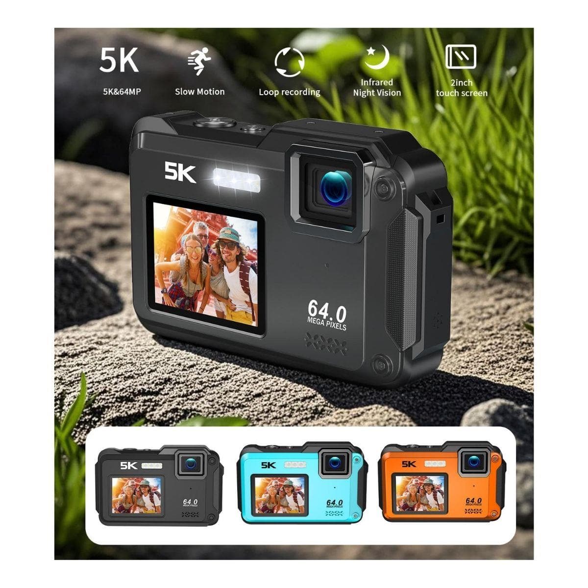 Aries - SplashCam Pro 64MP Waterproof Digital Camera - Dual Display, WiFi, 16X Zoom (Orange)