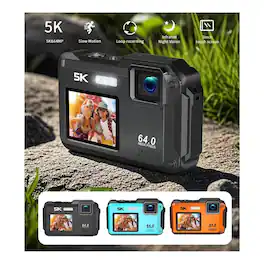 Aries - SplashCam Pro 64MP Waterproof Digital Camera - Dual Display, WiFi, 16X Zoom (Orange)