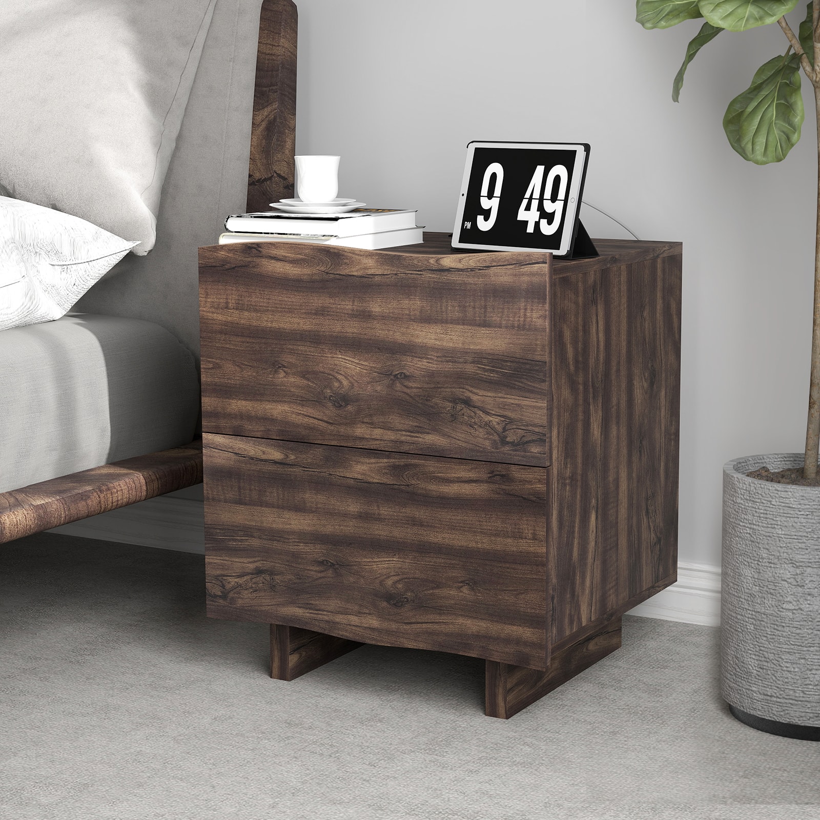 Bestier - Wave Side Table with Drawer & Charging Station, AC Outlet, USB & Type-C Ports for Bedroom or Living Room - Brown