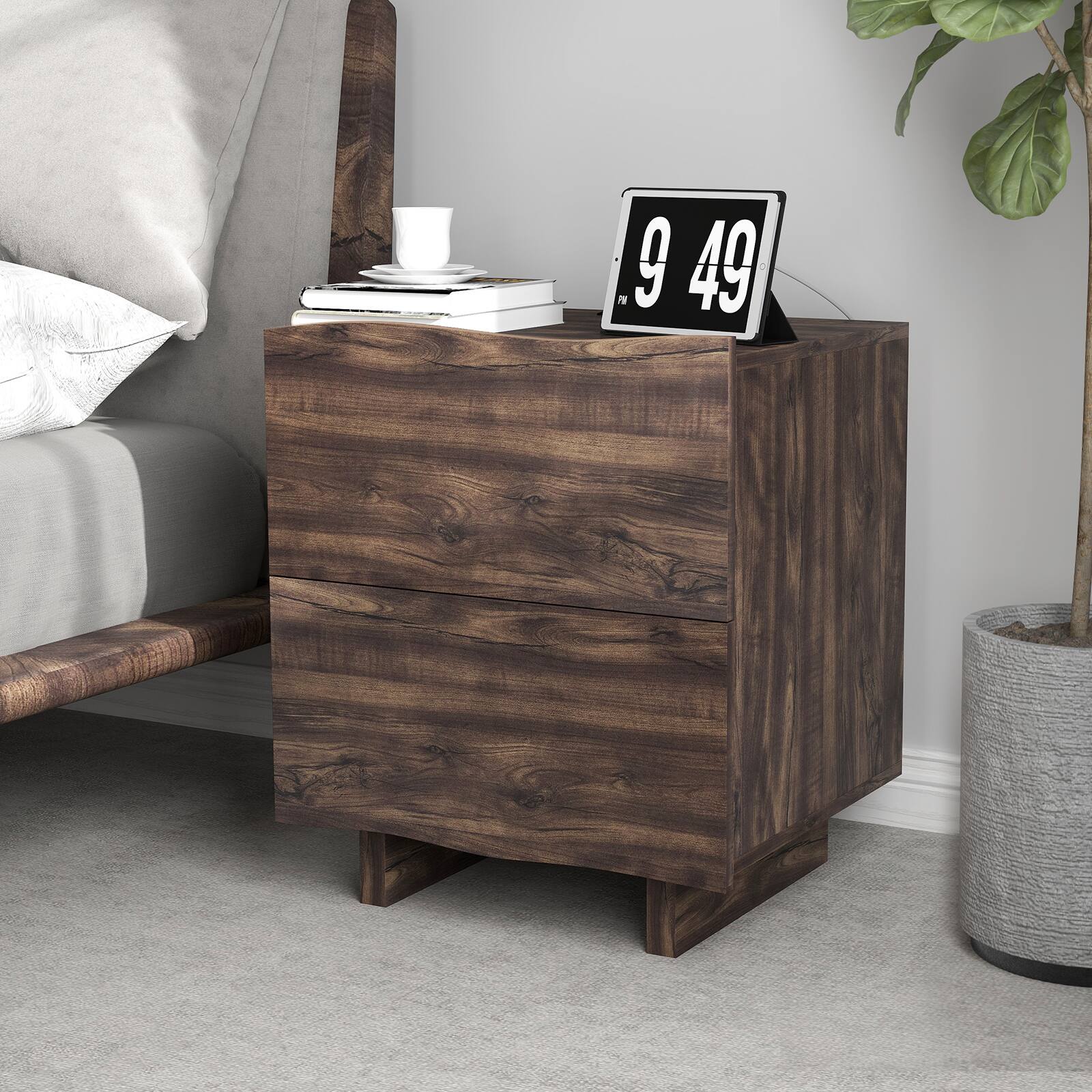 Front. Bestier - Wave Side Table with Drawer & Charging Station, AC Outlet, USB & Type-C Ports for Bedroom or Living Room - brown.