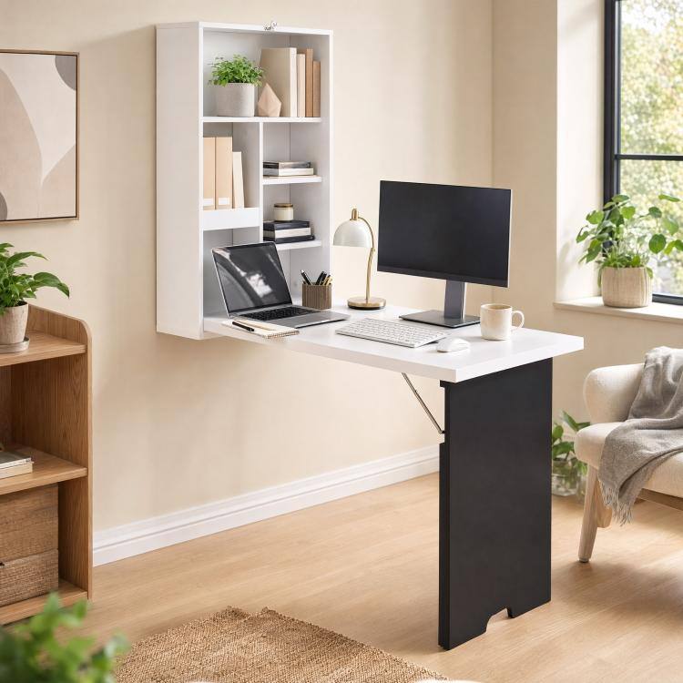 Alt View 2. PULUZ - Wall Mounted Foldable Desk with a Blackboard, Fold Out Convertible Floating Desk with Shelves - White and Black.