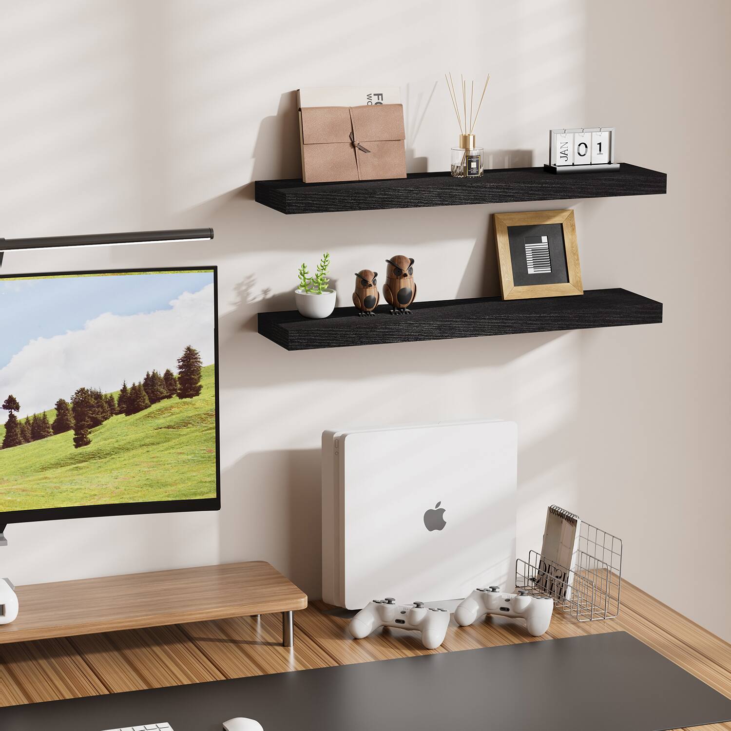 Alt View 5. BOMEDA - 2 Pack Floating Shelves for Wall, Wooden Wall Mounted Shelf for Bathroom or Room, Over Toilet Organizer, 24x7x1.5 in - Black.