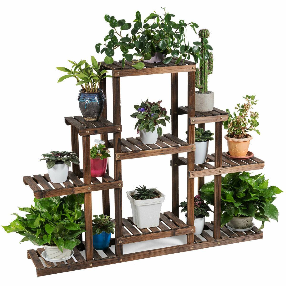 Alt View 9. Gymax - Gymax 6-Tier Flower Wood Stand Plant Display Rack Multifunctional Storage Shelf - Carbon Baking.