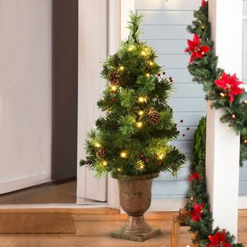 Front. Homemark - Pre-Lit Artificial Christmas Tree with Warm White LED Lights, Pinecones & Decorative Urn Planter - Green.