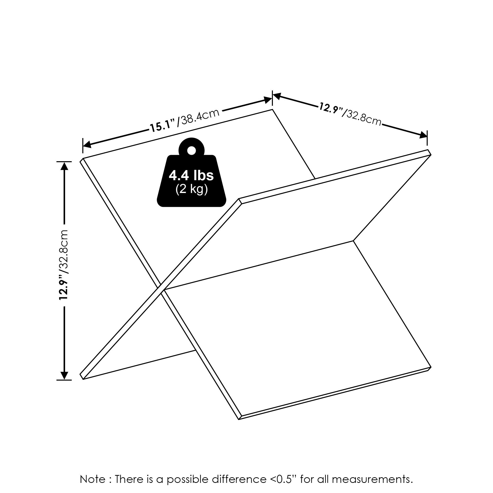 15.1" / 38.4 cm  
12.9" / 32.8 cm  
4.4 lbs (2 kg)  

Note: There is a possible difference <0.5" for all measurements.