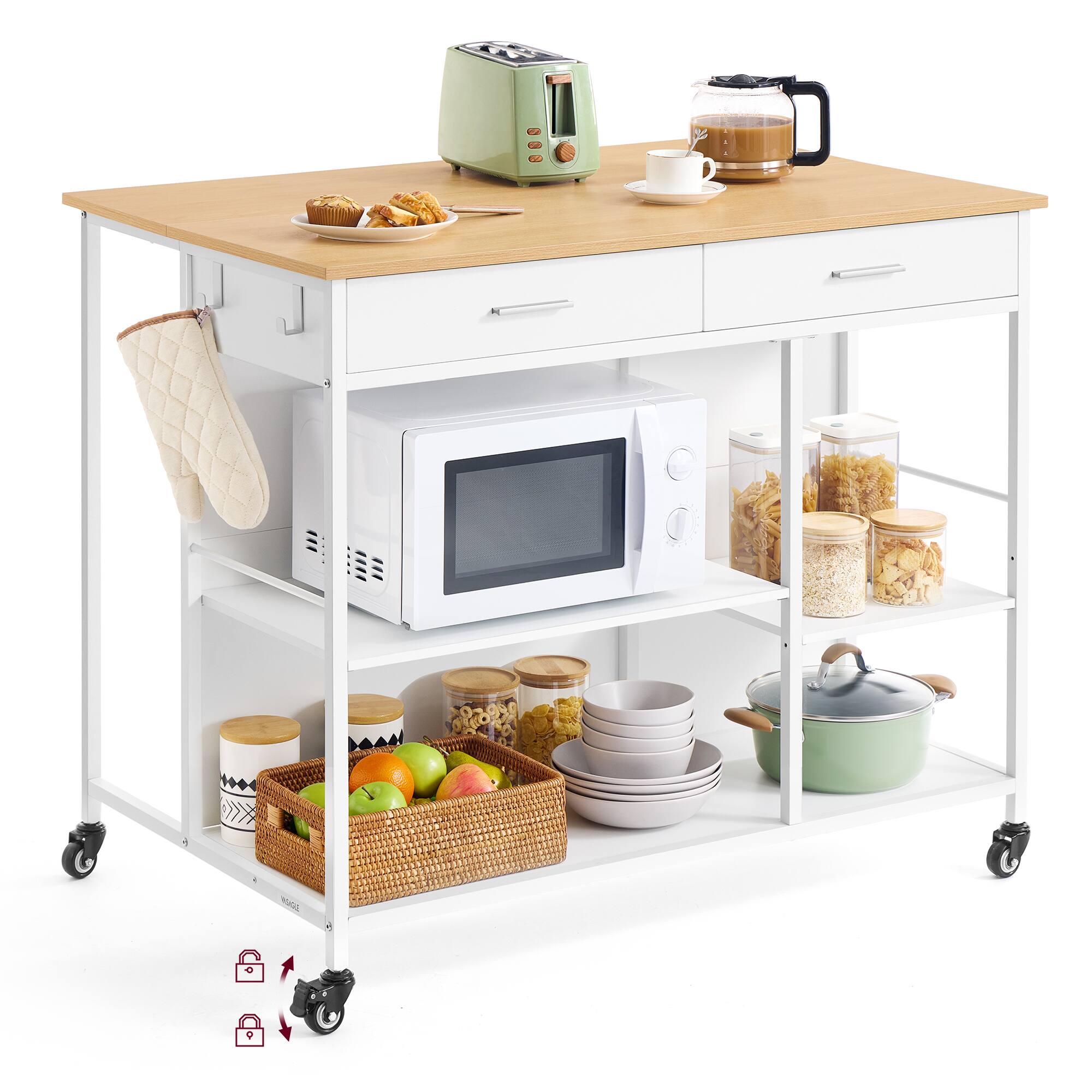 Front. Songmics Home - Kitchen Rolling Island, Mobile Kitchen Cart with Storage on Wheels, 27.6 x 43.3 x 35.4 Inches, 2 Drawers, 2 Hooks - Oak Beige and Matte White.