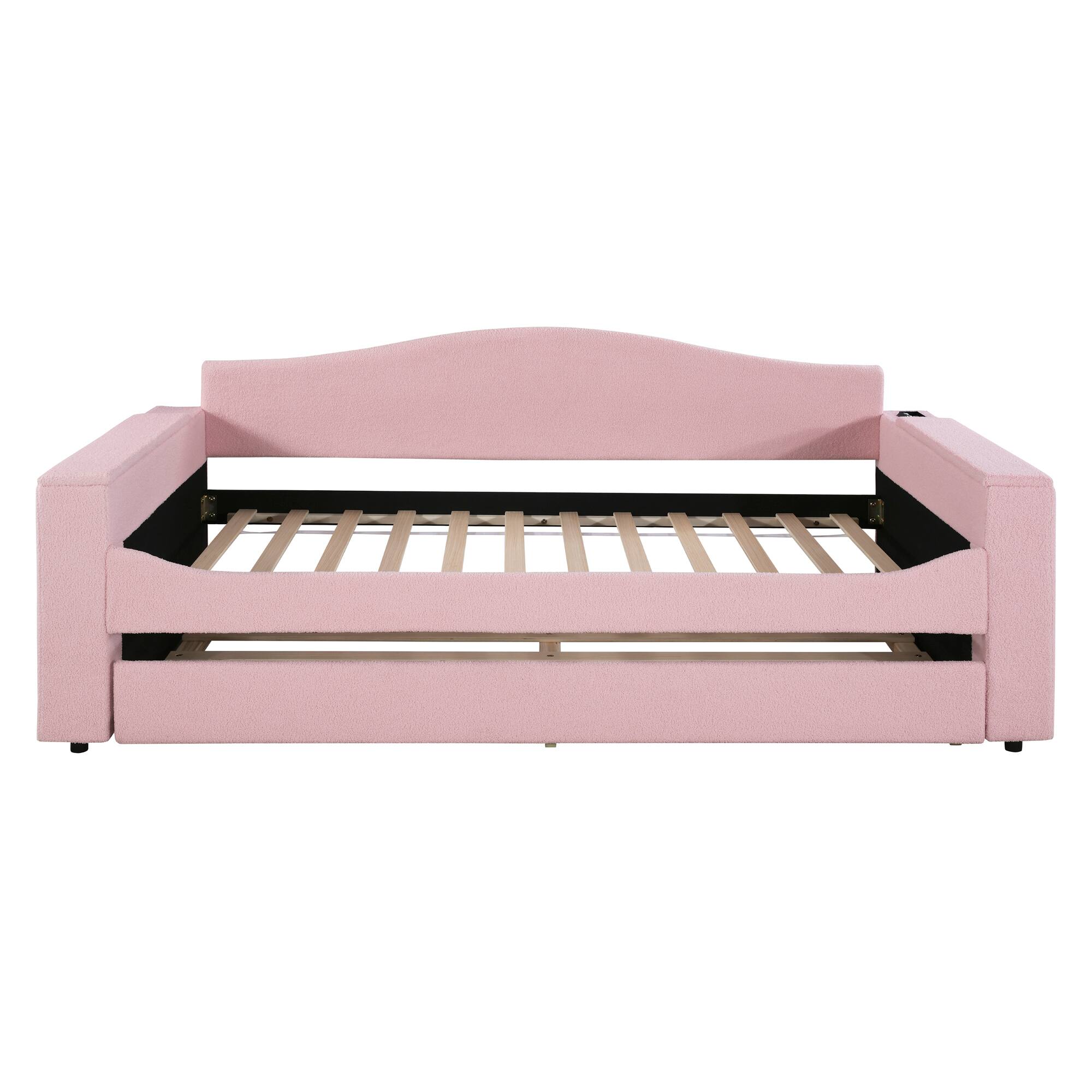 Alt View 1. Tiramisubest - Twin Size Upholstered Daybed with Storage Armrests, Trundle and Latest Integrated Bluetooth Audio System, Teddy Fleece - Pink.