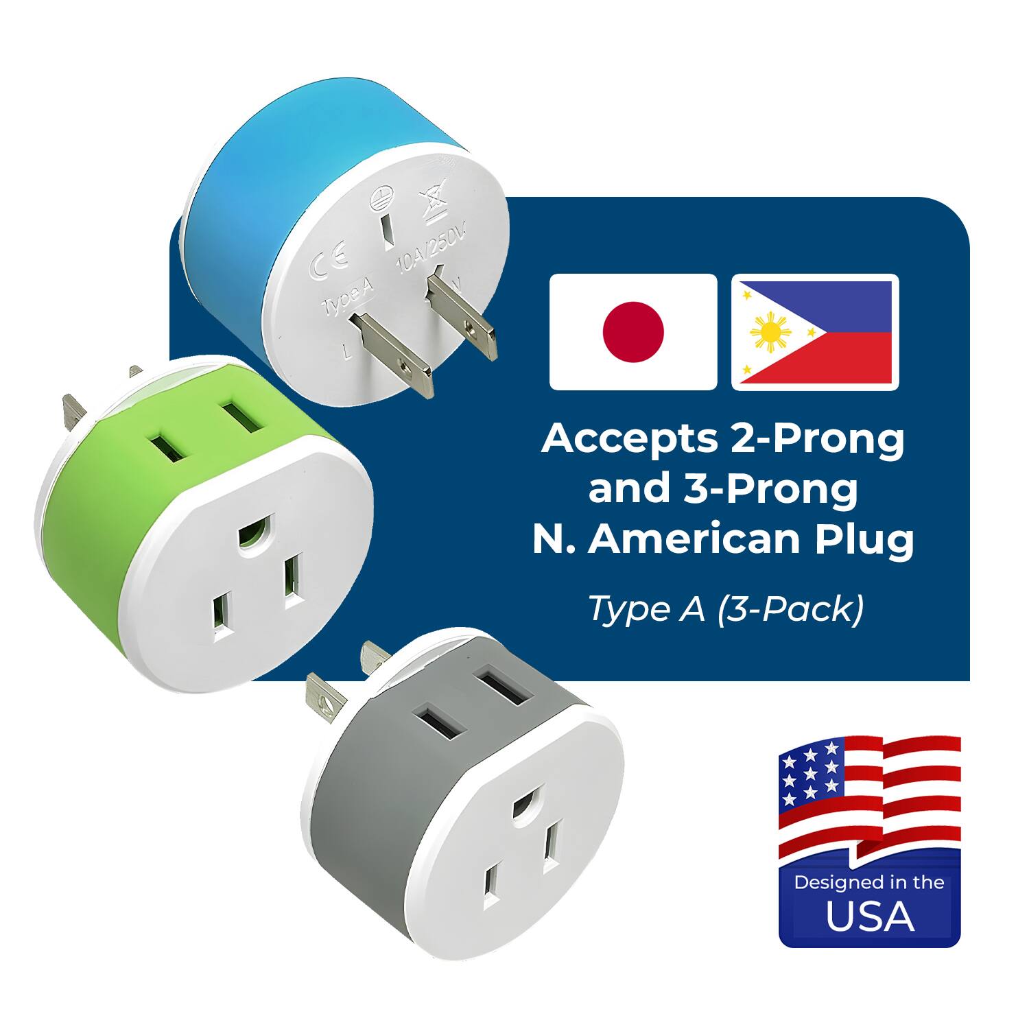 CE 10A/250V Type A

Accepts 2-Prong and 3-Prong N. American Plug Type A (3-Pack)

Designed in the USA