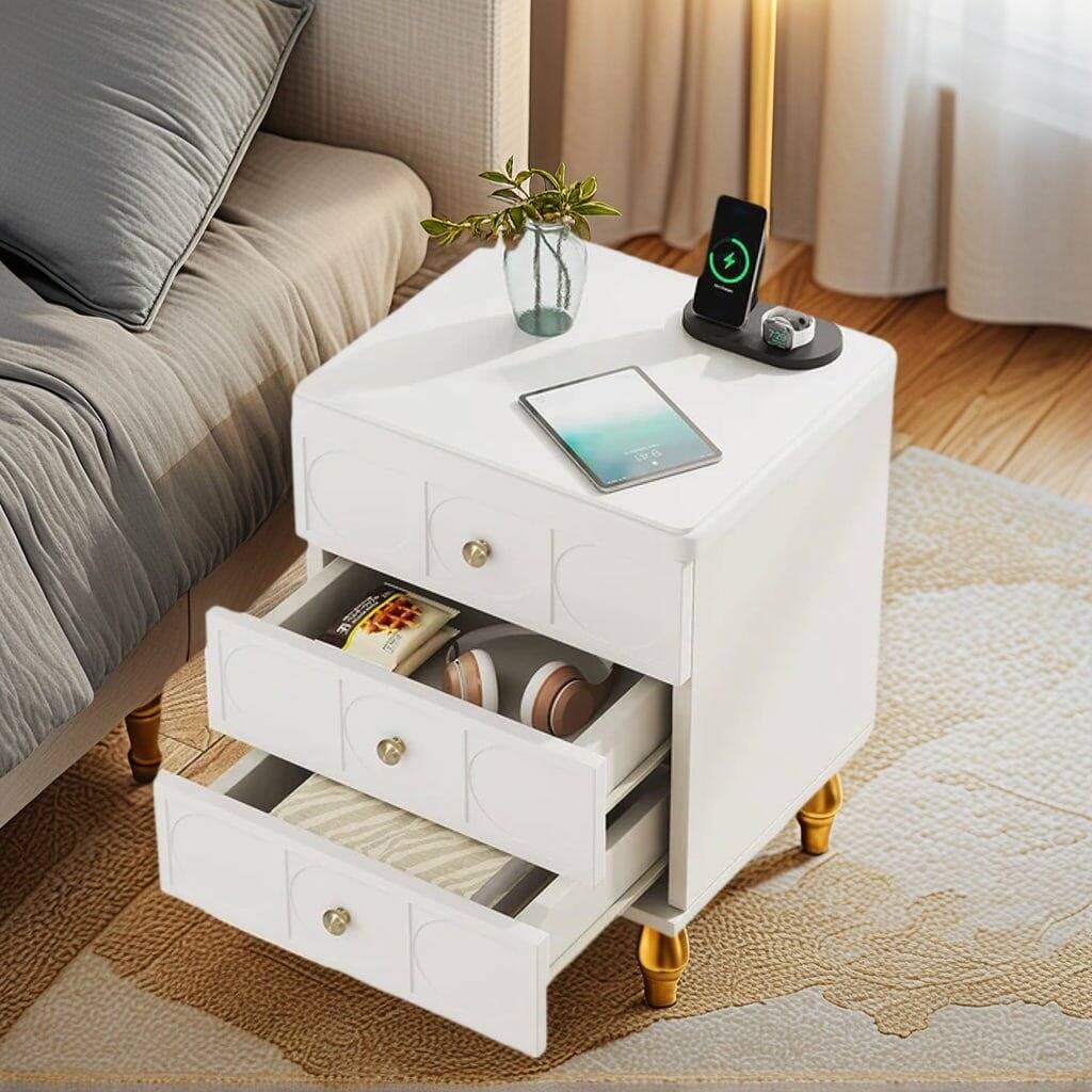 Back. Kadyn - Kadyn 3-Drawer Bedside Table, Acrylic Metal Legs, Compact Nightstand for Bedroom, Space-Saving, Sleek Design, White - White.