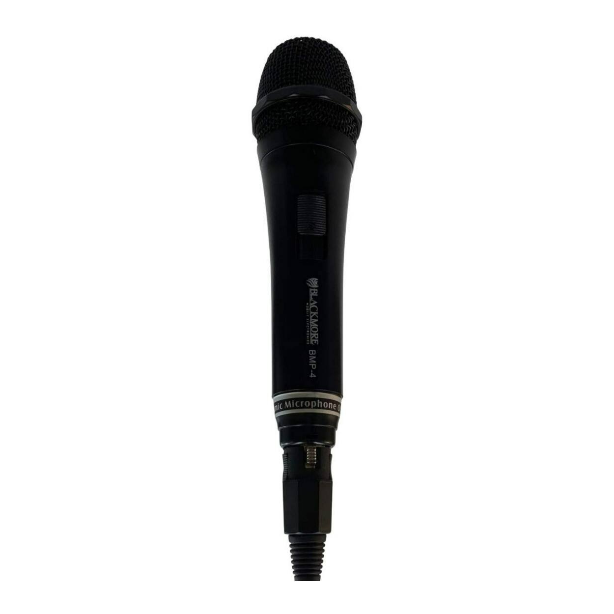 The image features a black microphone, specifically a Blackmore BMP-4 mic, which is a professional quality microphone. The microphone is held up against a white background, making it the main subject of the image.