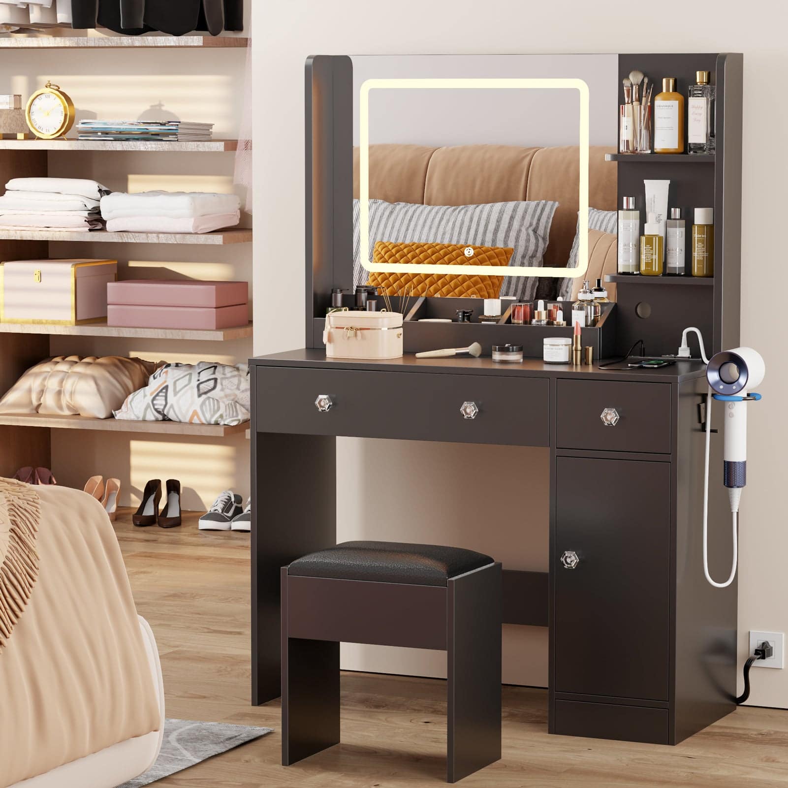 Furnulem - 34 In Vanity Desk Set with LED Lighted Mirror Power Outlet 3 Shelves 2 Drawers for Bedroom Checkroom - Black