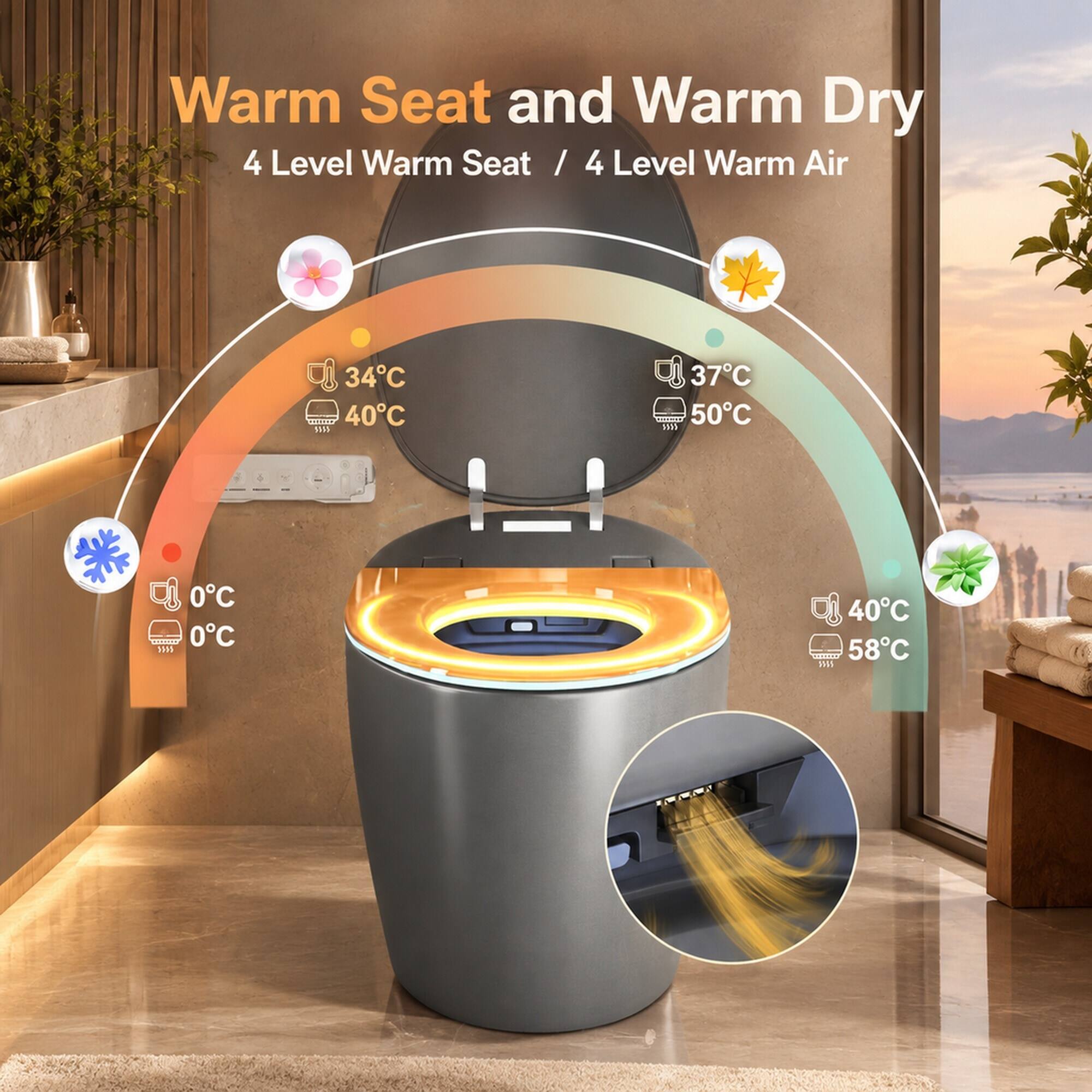 Warm Seat and Warm Dry  
4 Level Warm Seat / 4 Level Warm Air  

34°C 40°C  
37°C 50°C  
0°C 0°C  
40°C 58°C