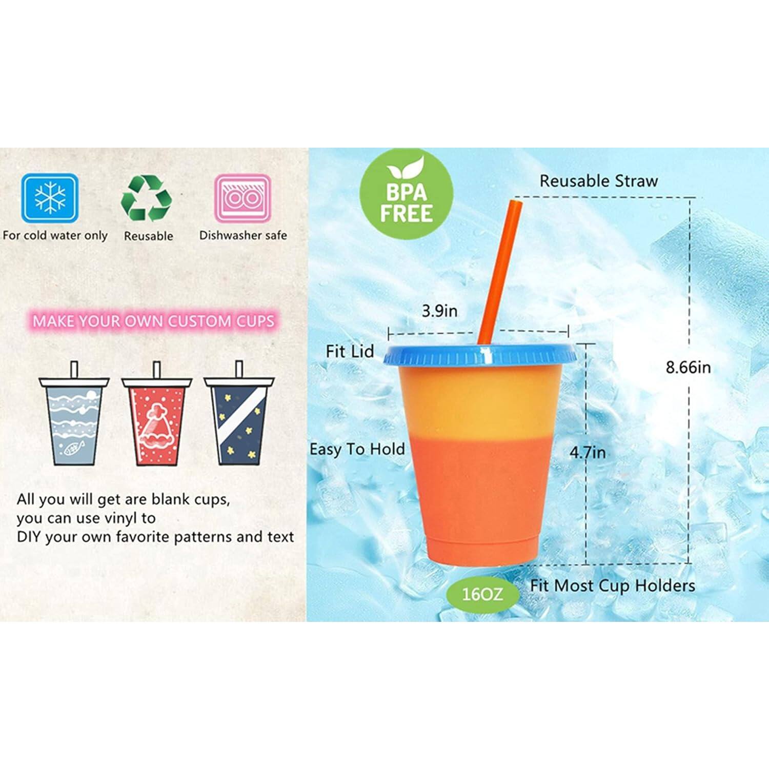 For cold water only, reusable, dishwasher safe, BPA free, reusable straw, make your own custom cups. 3.9in fit lid, 8.66in easy to hold, 4.7in. All you will get are blank cups, you can use vinyl to DIY your own favorite patterns and text. 16oz fit most cup holders.