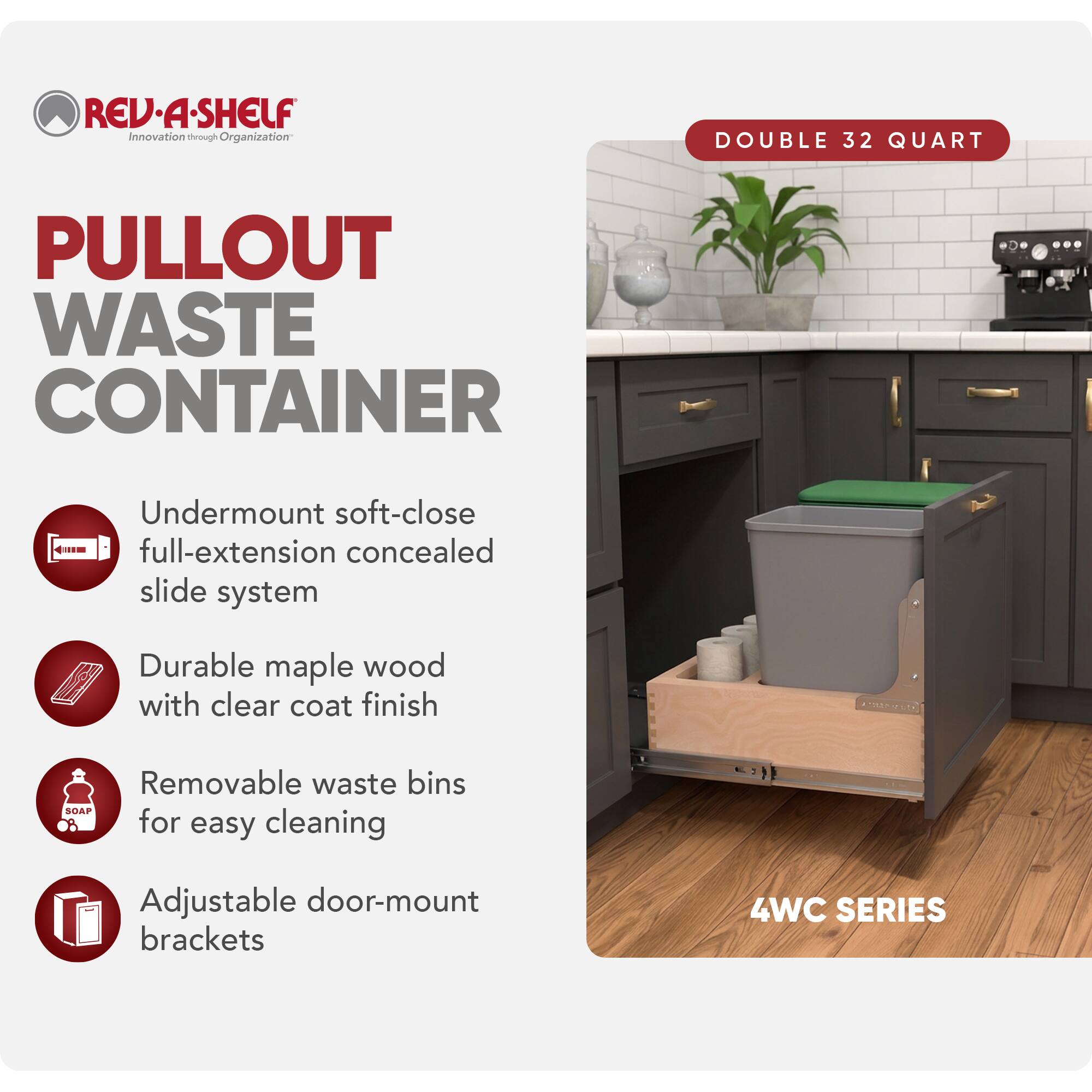 Rev A Shelf Wood Double Pullout Waste Container, Soft Close, 32 qt ...