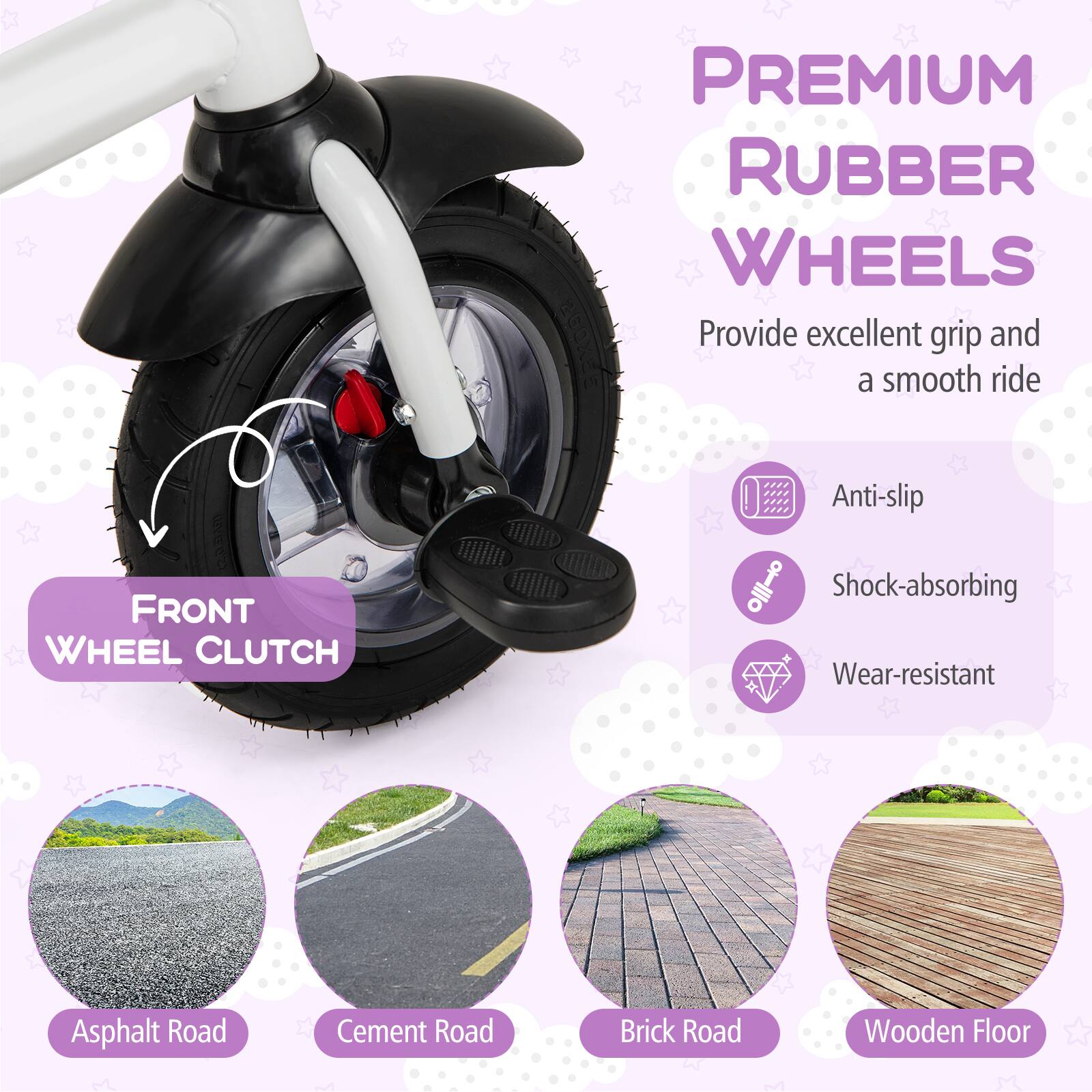 **PREMIUM RUBBER WHEELS**  
Provide excellent grip and a smooth ride  

- Anti-slip  
- Shock-absorbing  
- Wear-resistant  

**FRONT WHEEL CLUTCH**  

- Asphalt Road  
- Cement Road  
- Brick Road  
- Wooden Floor