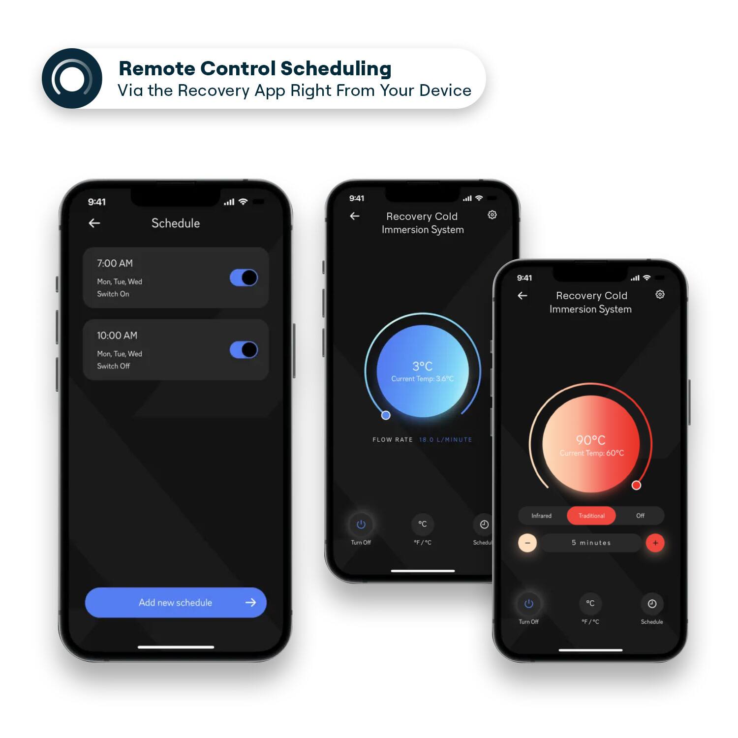 Remote Control Scheduling  
Via the Recovery App Right From Your Device  

Schedule  
7:00 AM  
Mon, Tue, Wed  
Switch On  

10:00 AM  
Mon, Tue, Wed  
Switch Off  

Add new schedule  

Recovery Cold Immersion System  
Current Temp: 3.4°C  
FLOW RATE: 1.4 L/MINUTE  

Recovery Cold Immersion System  
Current Temp: 60°C  
FLOW RATE: 18.0 L/MINUTE  

Recovery Cold Immersion System  
Current Temp: 90°C  
Infrared Traditional Off  
5 minutes  

Turn On  
Turn Off  
Schedule