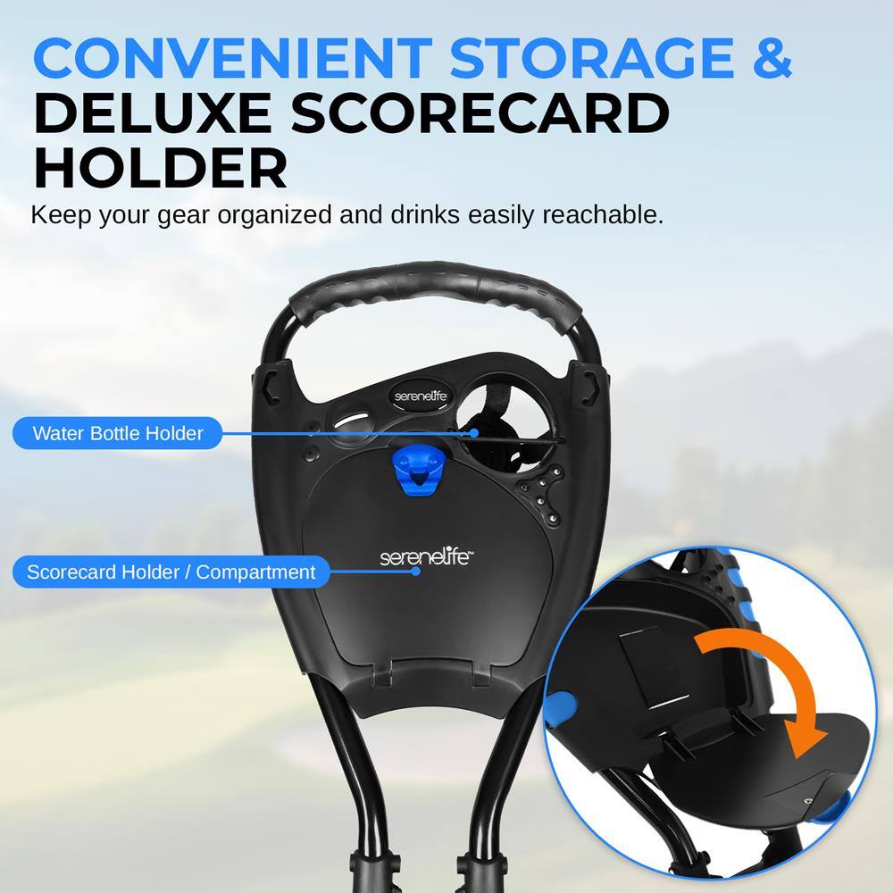CONVENIENT STORAGE & DELUXE SCORECARD HOLDER  
Keep your gear organized and drinks easily reachable.  

Water Bottle Holder  
Scorecard Holder / Compartment  

serenelife