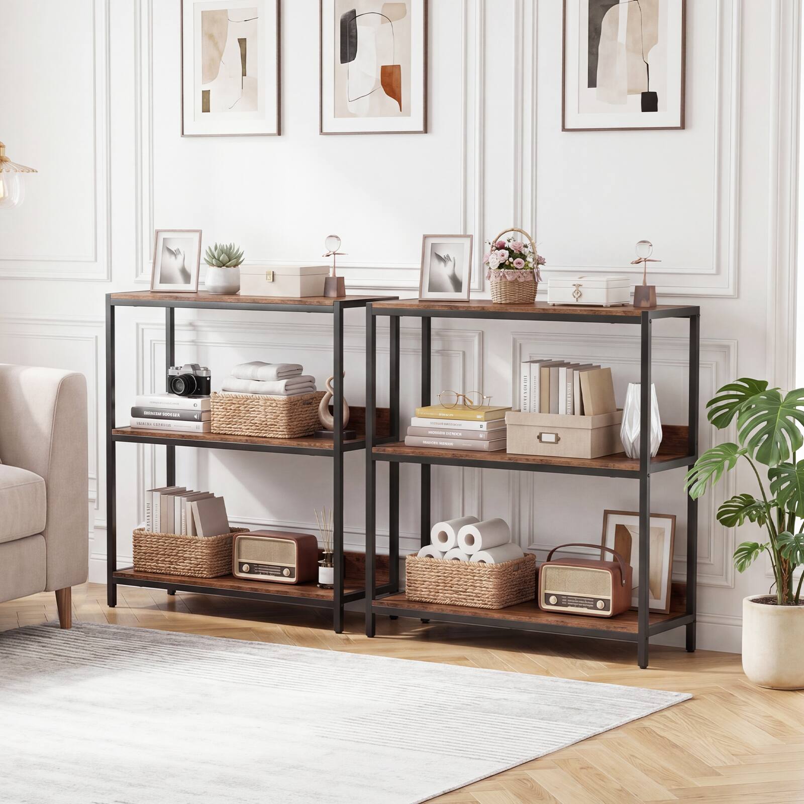 Alt View 3. Costway - Costway 3-Tier Bookshelf, Industrial Small Bookcase with Wooden Shelves and Metal Frame - Rustic Brown + Black.