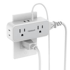 Front. TESSAN - Flat multiple wall plug 4 electrical outlets 3 USB blocks (2 USB C) - Grey White.