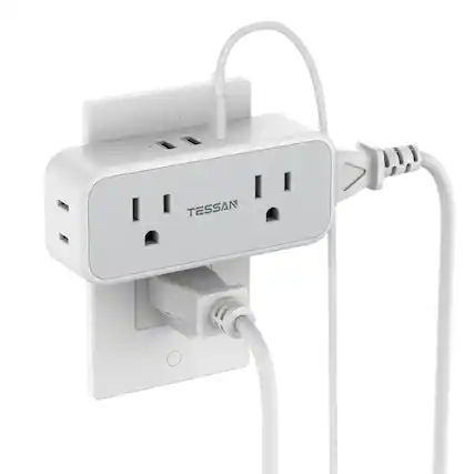 Front. TESSAN - Wall Outlet Extender with 3 USB Ports (1 PD 20W USB C), Multi Plug Outlet Expander with 4 AC Outlets for Home - Grey White.