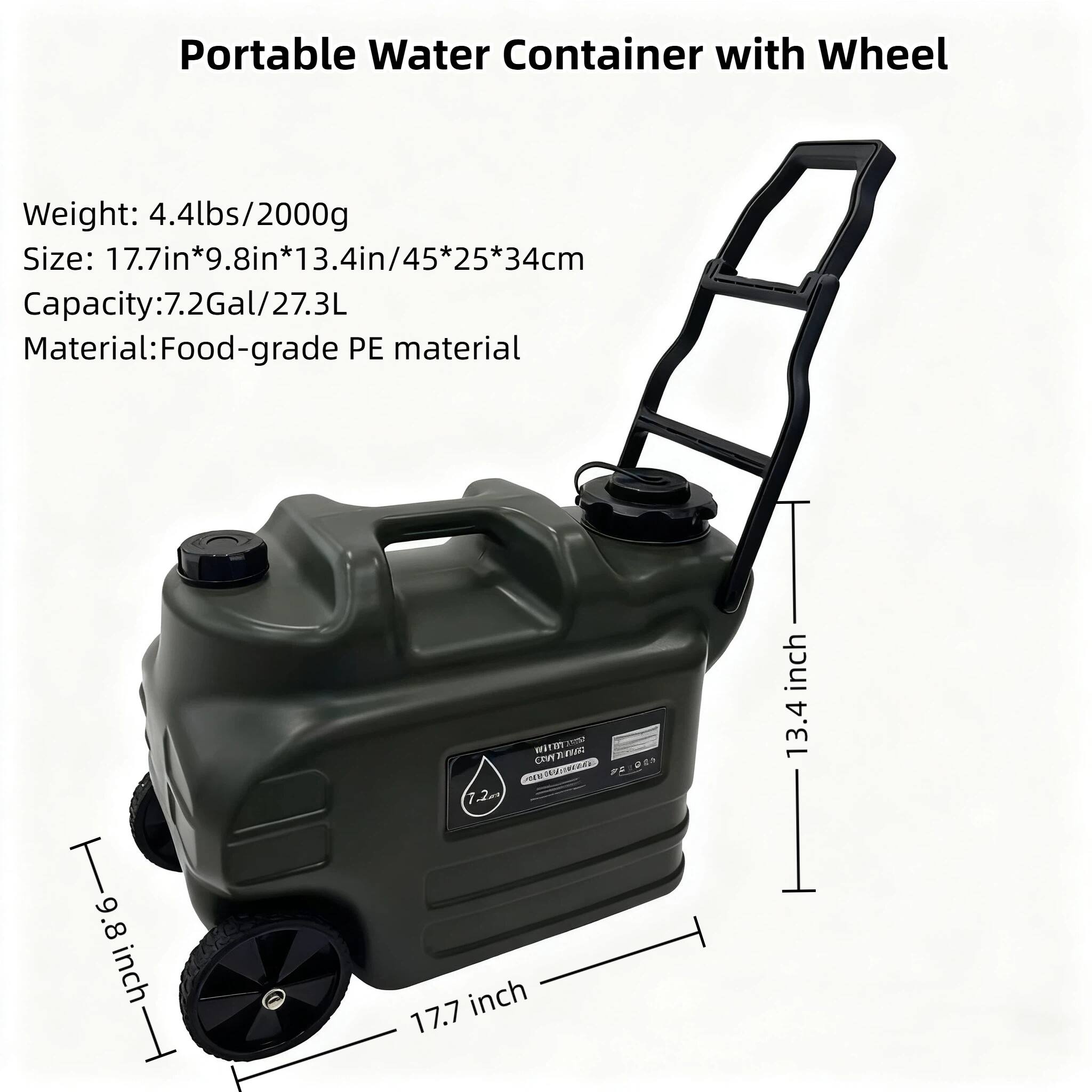 Portable Water Container with Wheel

Weight: 4.4lbs/2000g  
Size: 17.7in*9.8in*13.4in/45*25*34cm  
Capacity: 7.2Gal/27.3L  
Material: Food-grade PE material