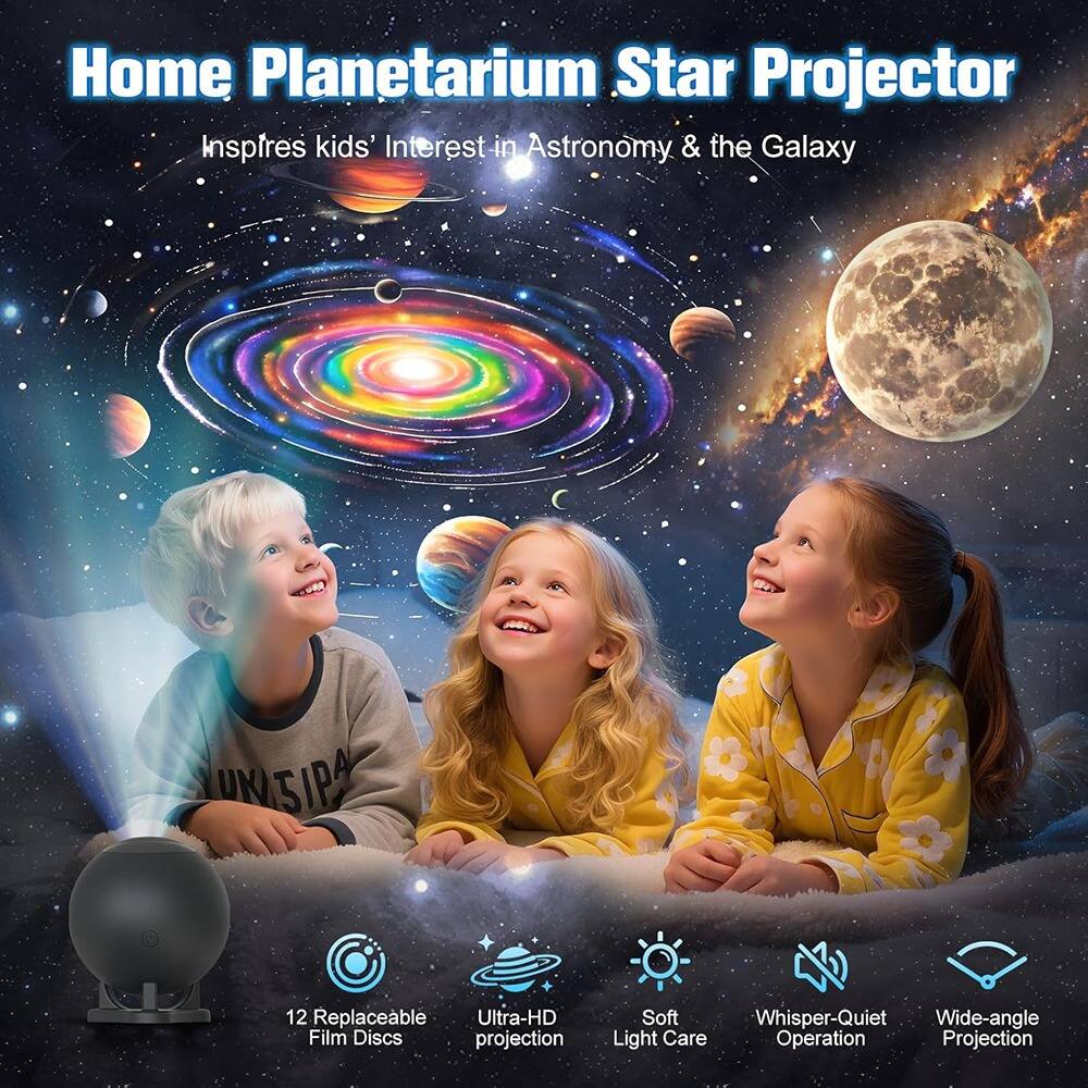 Home Planetarium Star Projector  
Inspires kids' Interest in Astronomy & the Galaxy  

- 12 Replaceable Ultra-HD Film Discs  
- Soft Light Care  
- Whisper-Quiet Operation  
- Wide-angle Projection