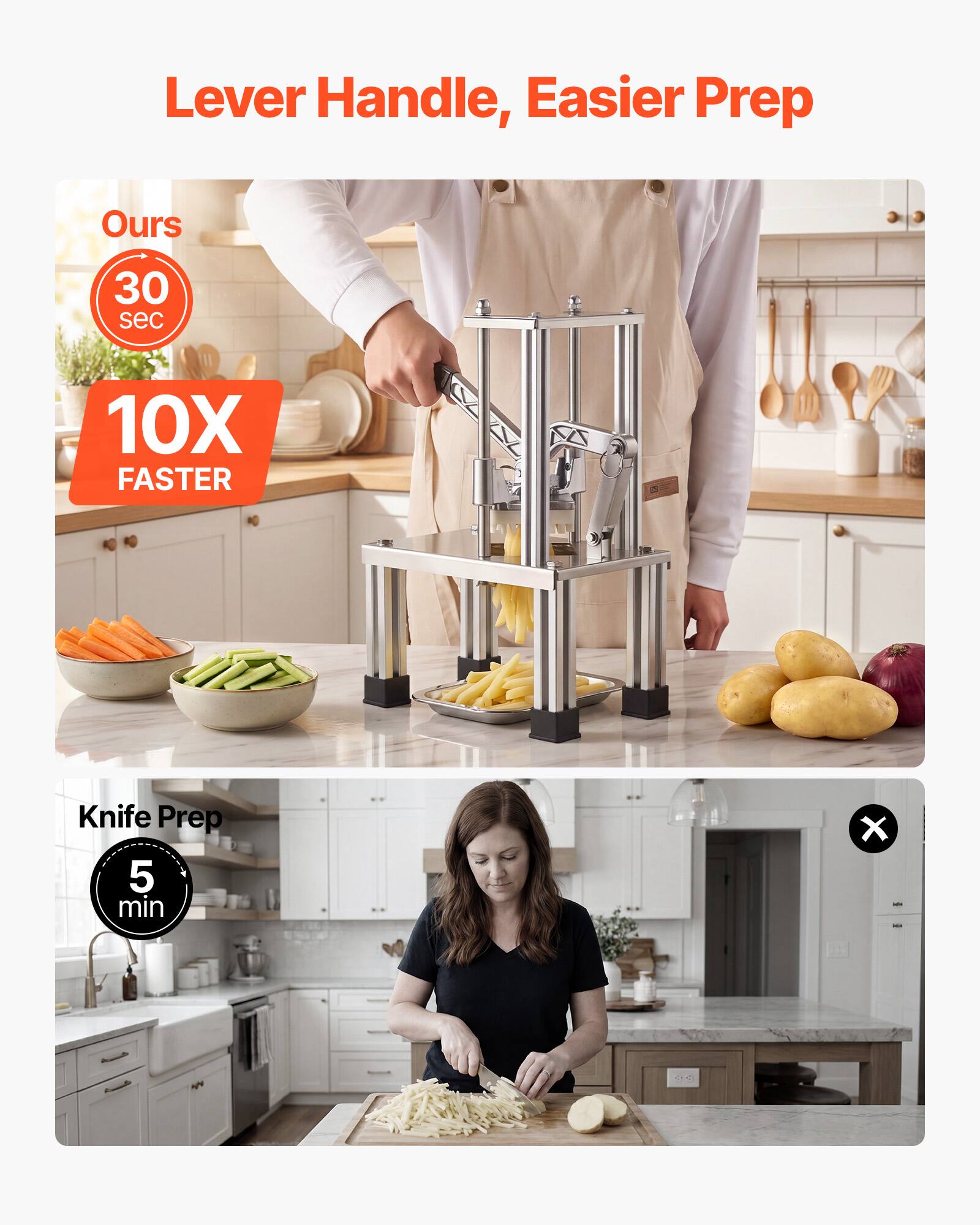 Lever Handle, Easier Prep

Ours
30 sec
10X FASTER

Knife Prep
5 min