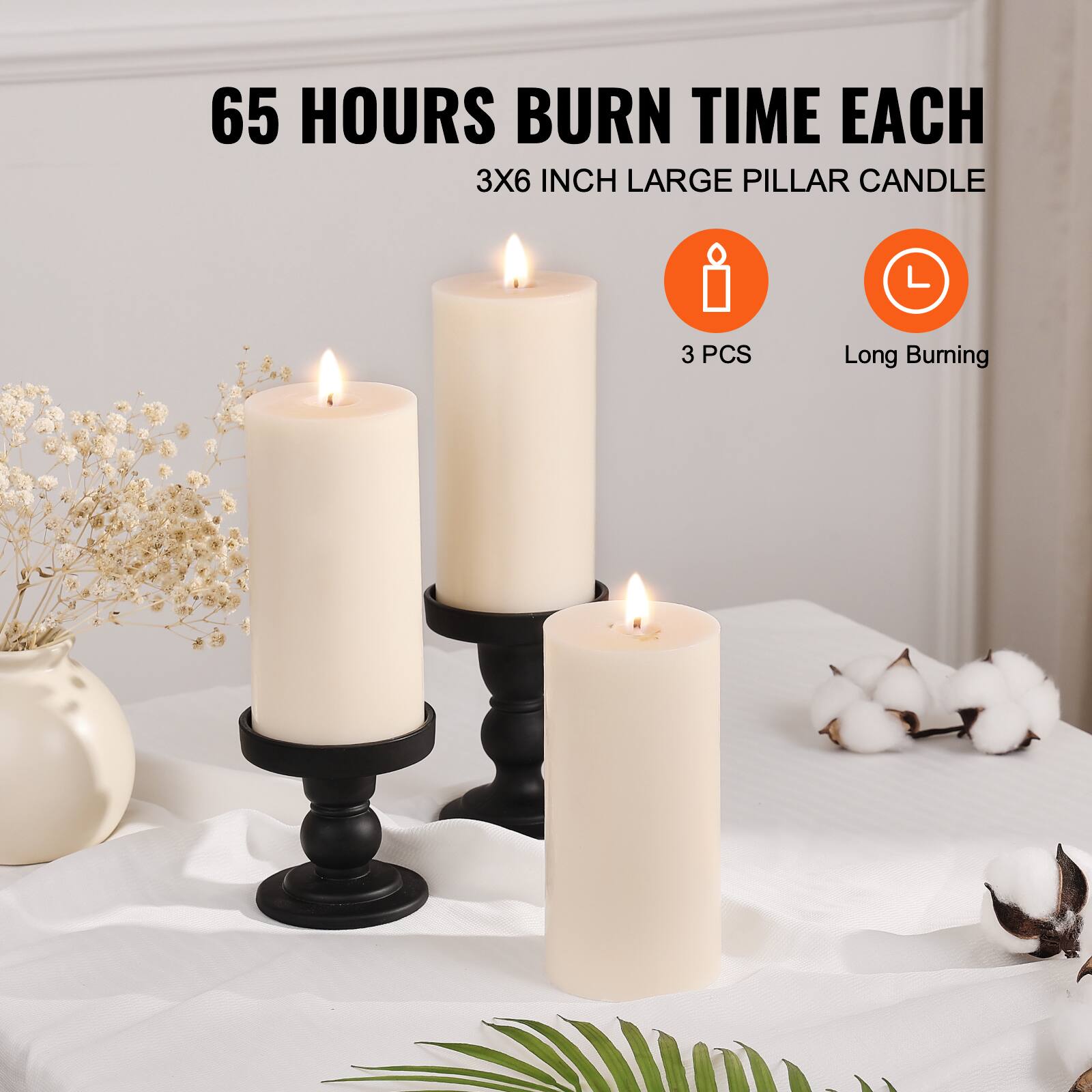 65 HOURS BURN TIME EACH  
3X6 INCH LARGE PILLAR CANDLE  
3 PCS  
Long Burning