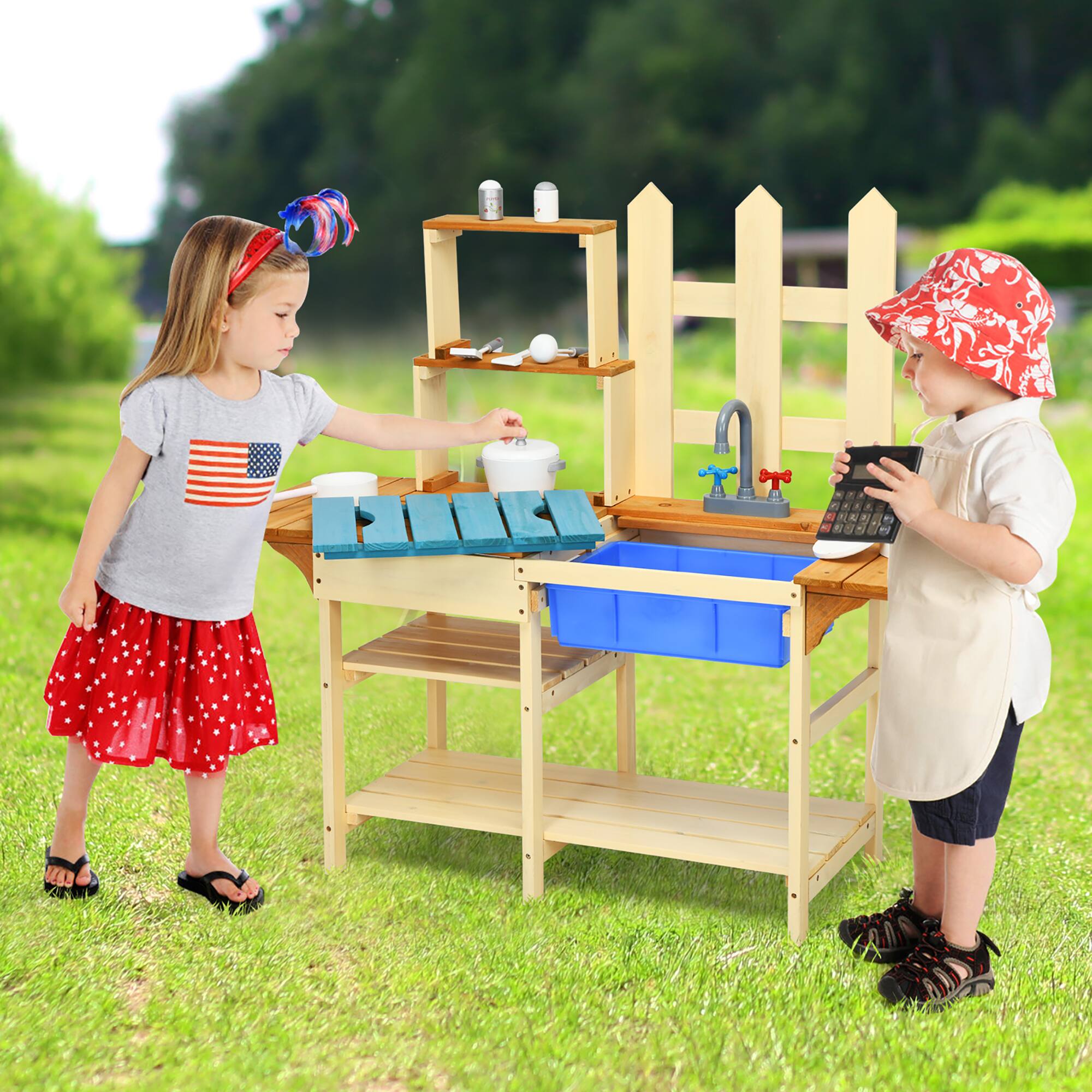 Alt View 3. Costway - Costway Kid's Wooden Mud Kitchen Pretend Cook Playset Toy For Children - Natural.