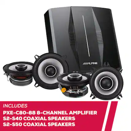 ALPINE
INCLUDES
PXE-C80-88 8-CHANNEL AMPLIFIER
S2-S40 COAXIAL SPEAKERS
S2-S50 COAXIAL SPEAKERS