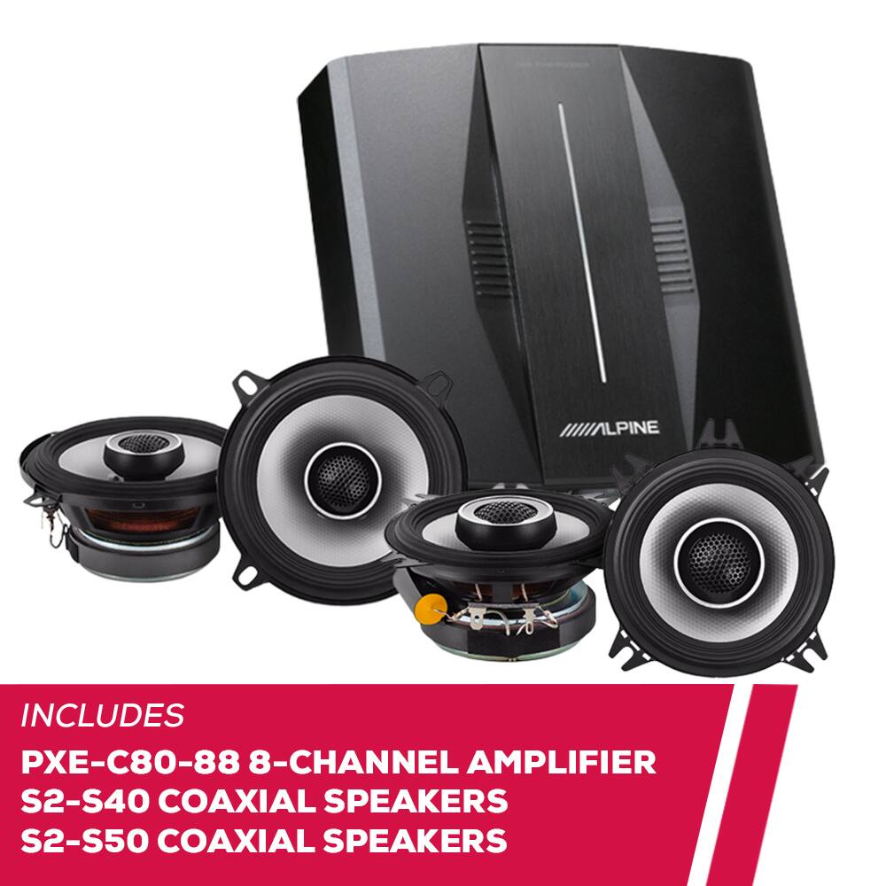 ALPINE  
INCLUDES  
PXE-C80-88 8-CHANNEL AMPLIFIER  
S2-S40 COAXIAL SPEAKERS  
S2-S50 COAXIAL SPEAKERS