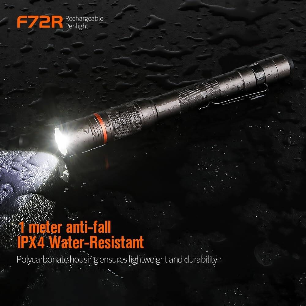 F72R Rechargeable Penlight

1 meter anti-fall IPX4 Water-Resistant

Polycarbonate housing ensures lightweight and durability.