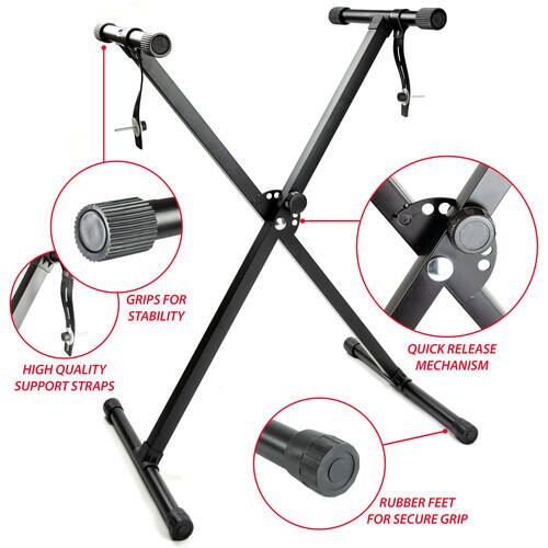 GRIPS FOR STABILITY, HIGH QUALITY SUPPORT STRAPS, QUICK RELEASE MECHANISM, RUBBER FEET FOR SECURE GRIP