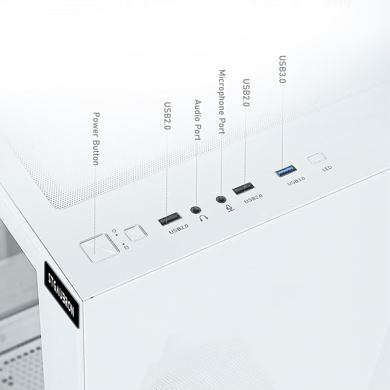 Power Button, USB2.0, Audio Port, Microphone Port, USB2.0, USB2.0, USB3.0, USB3.0, LED, STGAJSRON O o USB2.0