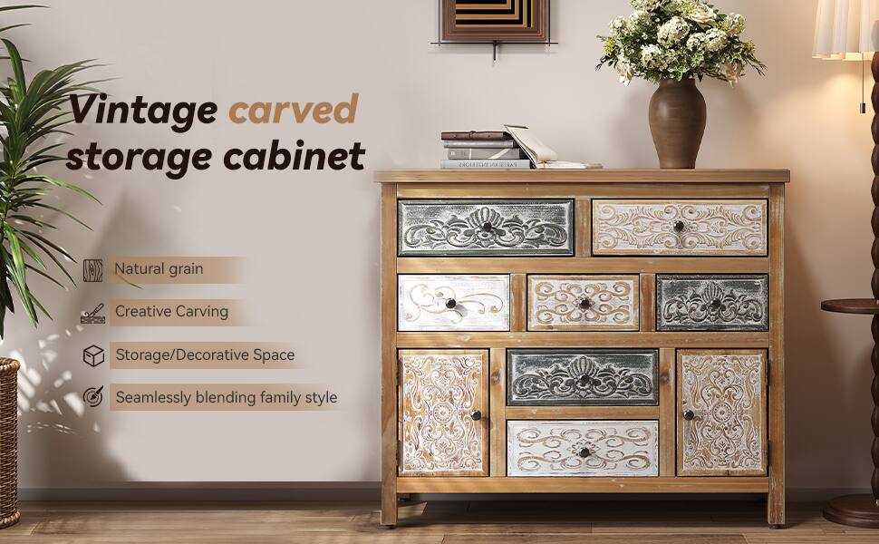 Vintage carved storage cabinet

- Natural grain
- Creative Carving
- Storage/Decorative Space
- Seamlessly blending family style