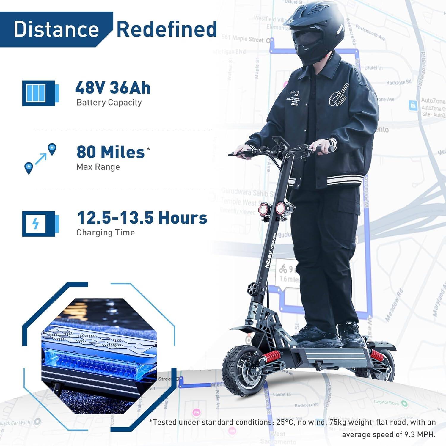 Distance Redefined

48V 36Ah Battery Capacity

80 Miles* Max Range

12.5-13.5 Hours Charging Time

*Tested under standard conditions: 25°C, no wind, 75kg weight, flat road, with an average speed of 9.3 MPH.