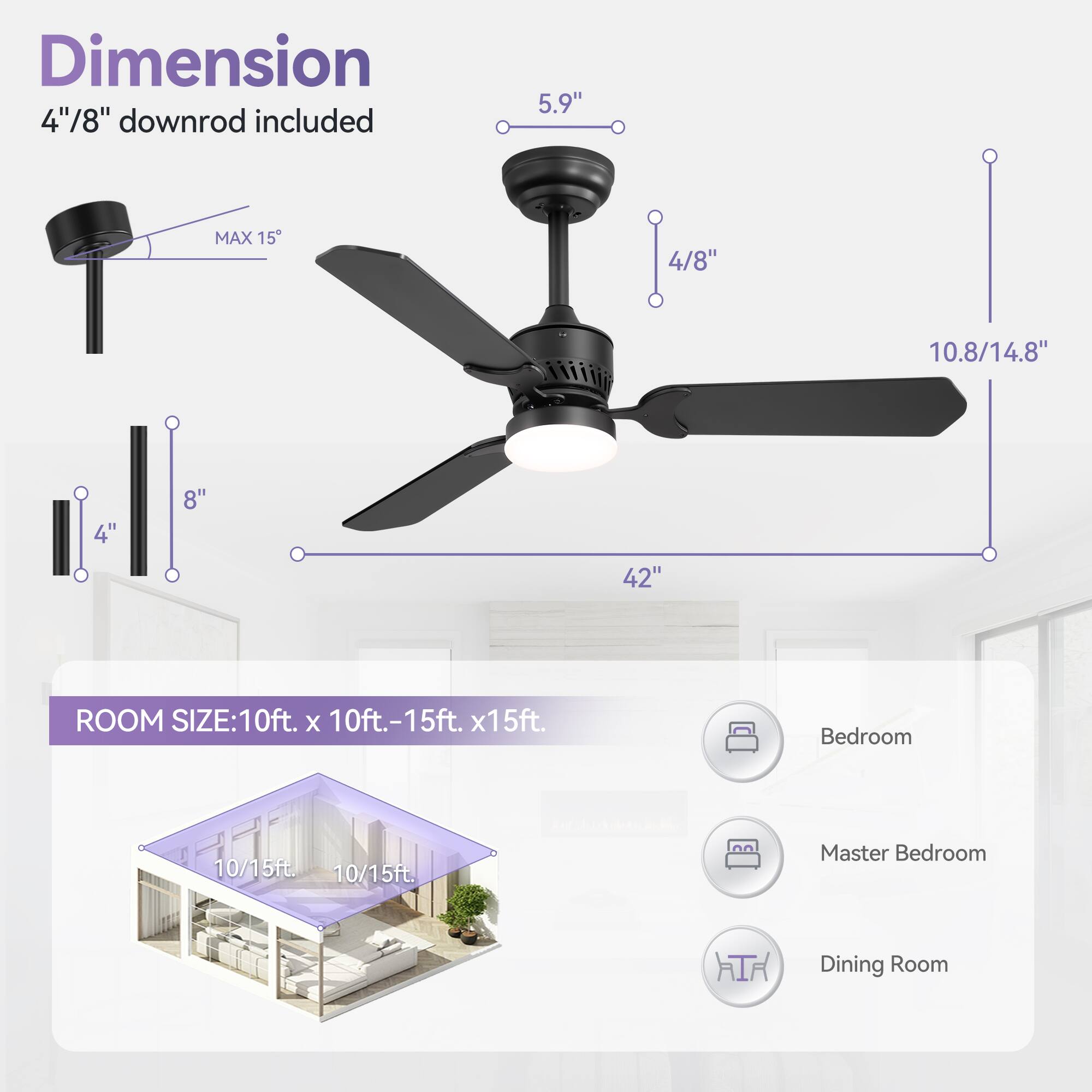 Dimension: 4"/8" downrod included

5.9"

MAX 15

4/8"

10.8/14.8"

4"

8"

42"

ROOM SIZE: 10ft. x 10ft.-15ft. x15ft.

Bedroom 10/15ft

Master Bedroom 10/15ft

Dining Room