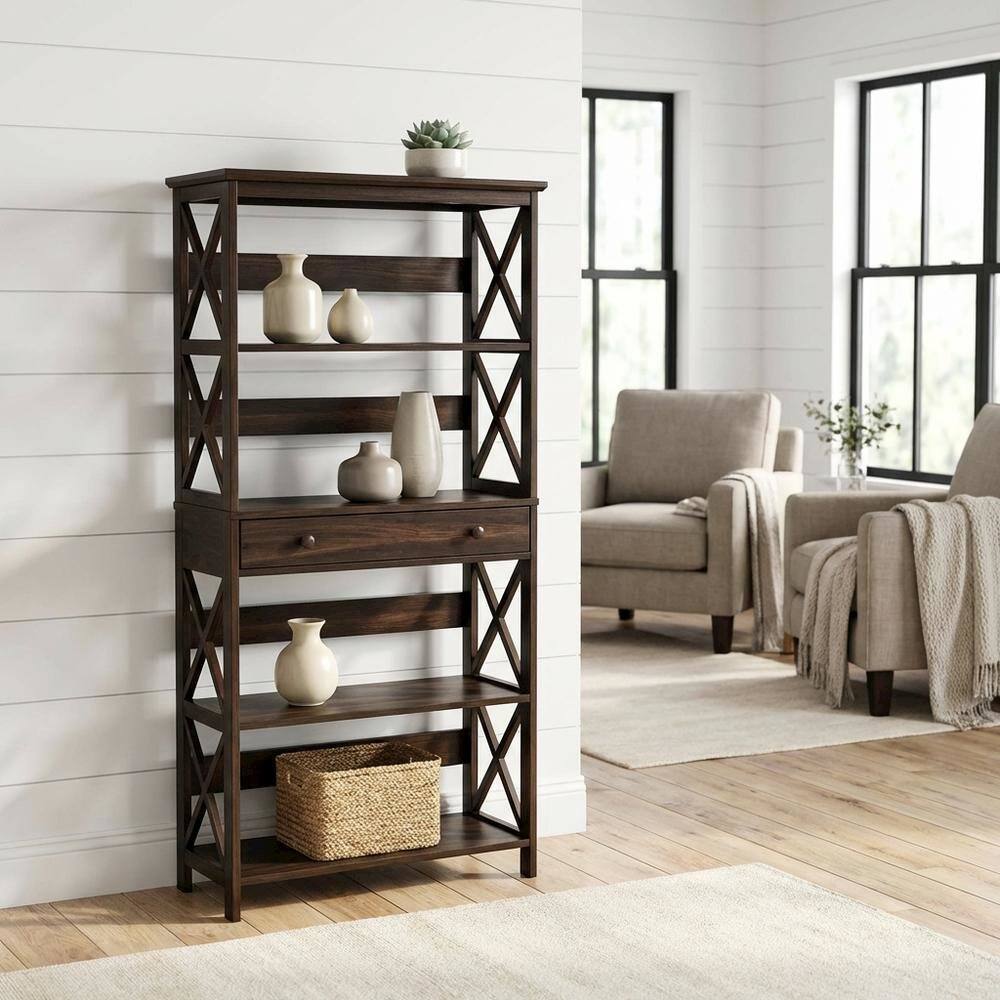 Left. FurniFact - 5-Tier Bookcase with Drawer in Modern Finish for Storage and Organization - Espresso.
