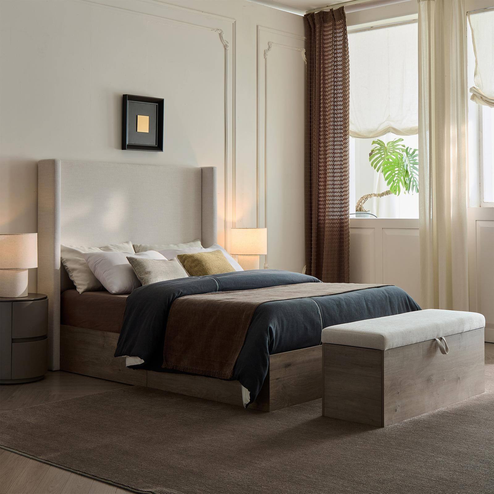 Alt View 2. Spaco - Spaco Queen Size Bed, Upholstered Wingback Bed, 54 Inch Headboard, Ivory Chenille, Modern Farmhouse Design for Bedroom - Grey+Oak.