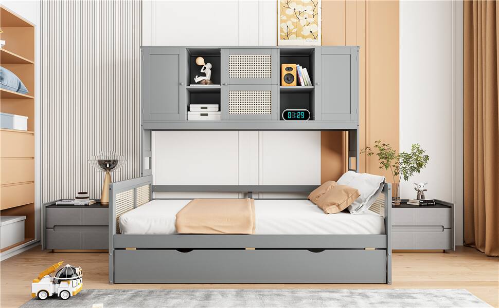 Left. Tiramisubest - Full Size Wooden Daybed With Twin Size Trundle, and All-in-One Cabinet and Shelf, Gray - Gray.