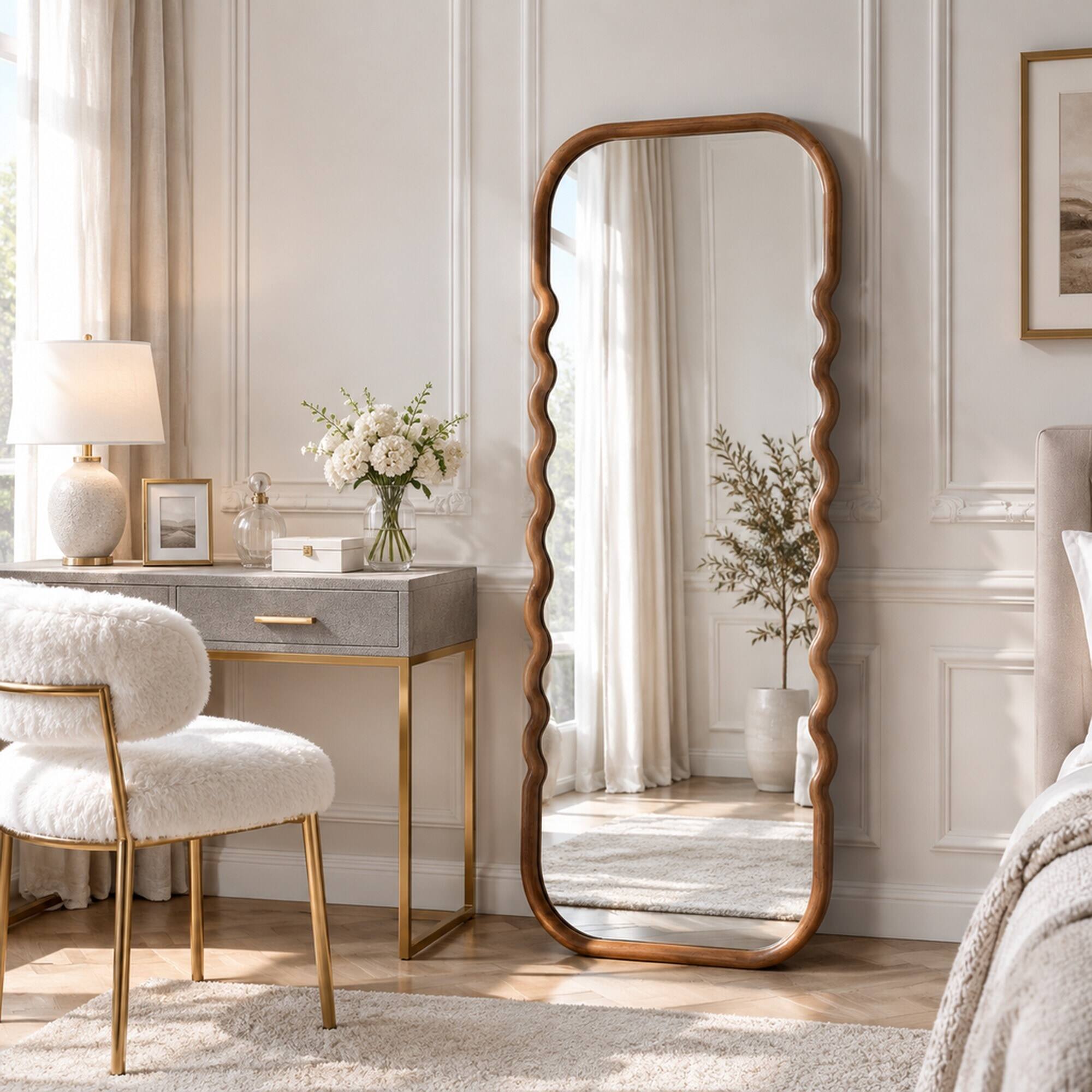 Alt View 2. RYHNUYNE - Oversized Full-Length Floor Mirror, 74 in Tall, Pine Wood Frame, Curved Dark Brown Design, Wall or Floor Display - Brown.