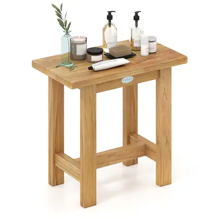 Front. Gymax - Gymax 20'' Teak Shower Bench Waterproof Shower Stool for Shaving Legs Indoor & Outdoor - Brown.