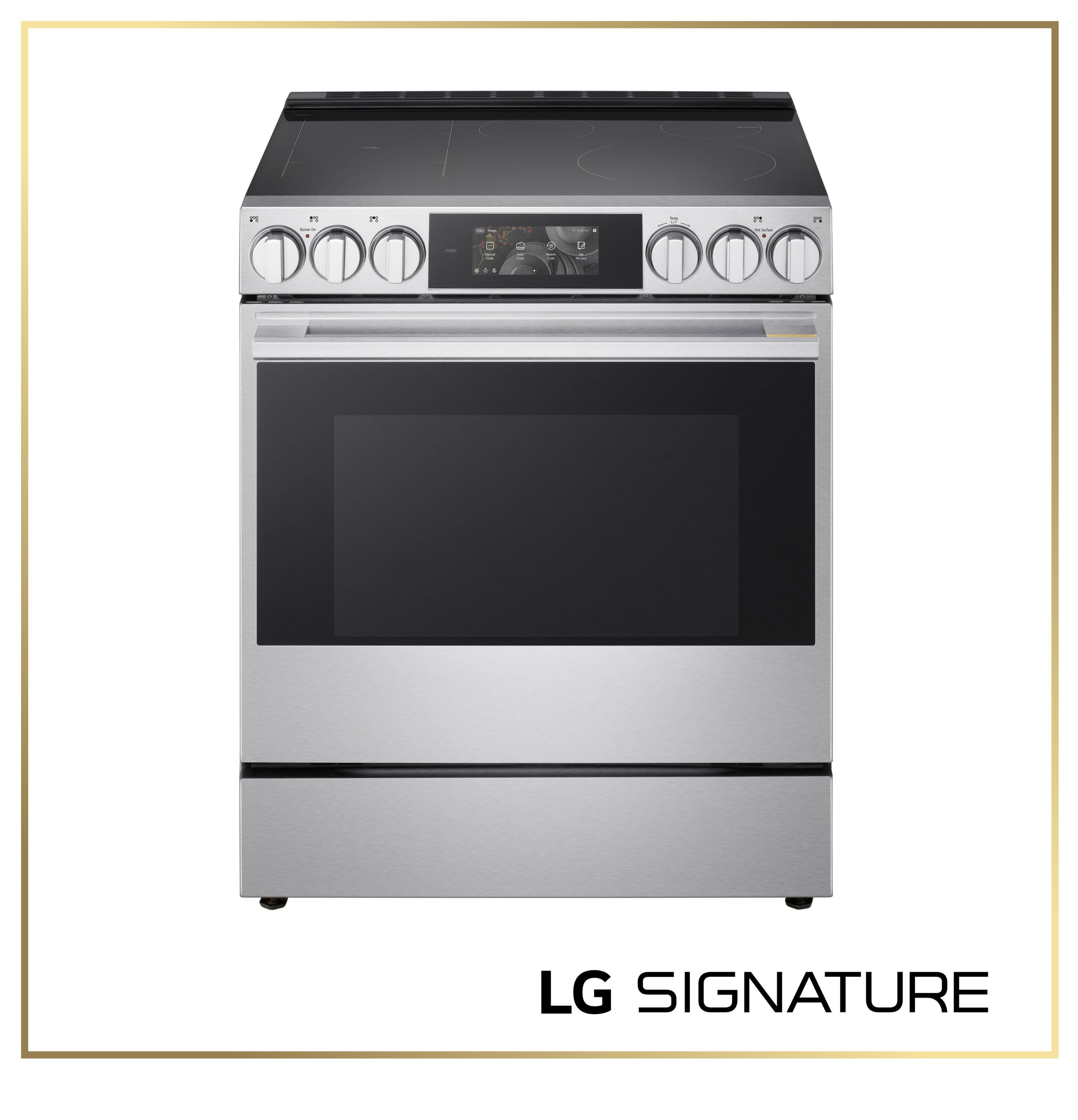 Angle. LG - SIGNATURE 30” Slide-In Electric Induction True Convection Smart Range with Air Fry and AI Gourmet Camera - PrintProof Stainless Steel.