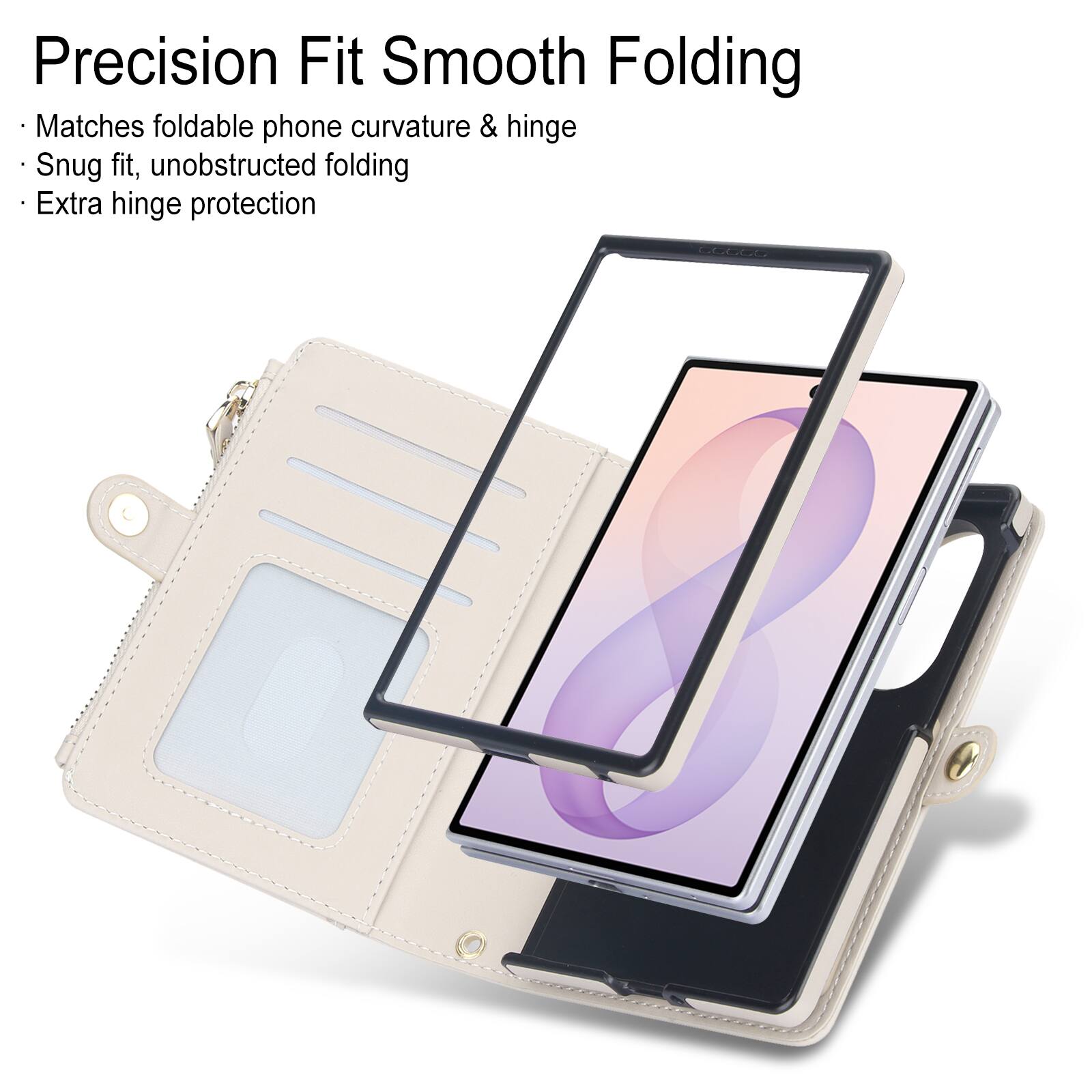 Precision Fit Smooth Folding  
- Matches foldable phone curvature & hinge  
- Snug fit, unobstructed folding  
- Extra hinge protection