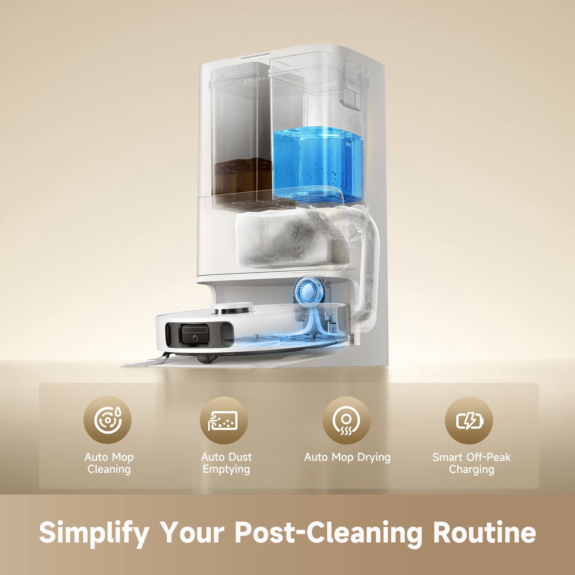 DREAMIE DA SSS  
Auto Mop Cleaning  
Auto Dust Emptying  
Auto Mop Drying  
Smart Off-Peak Charging  
Simplify Your Post-Cleaning Routine