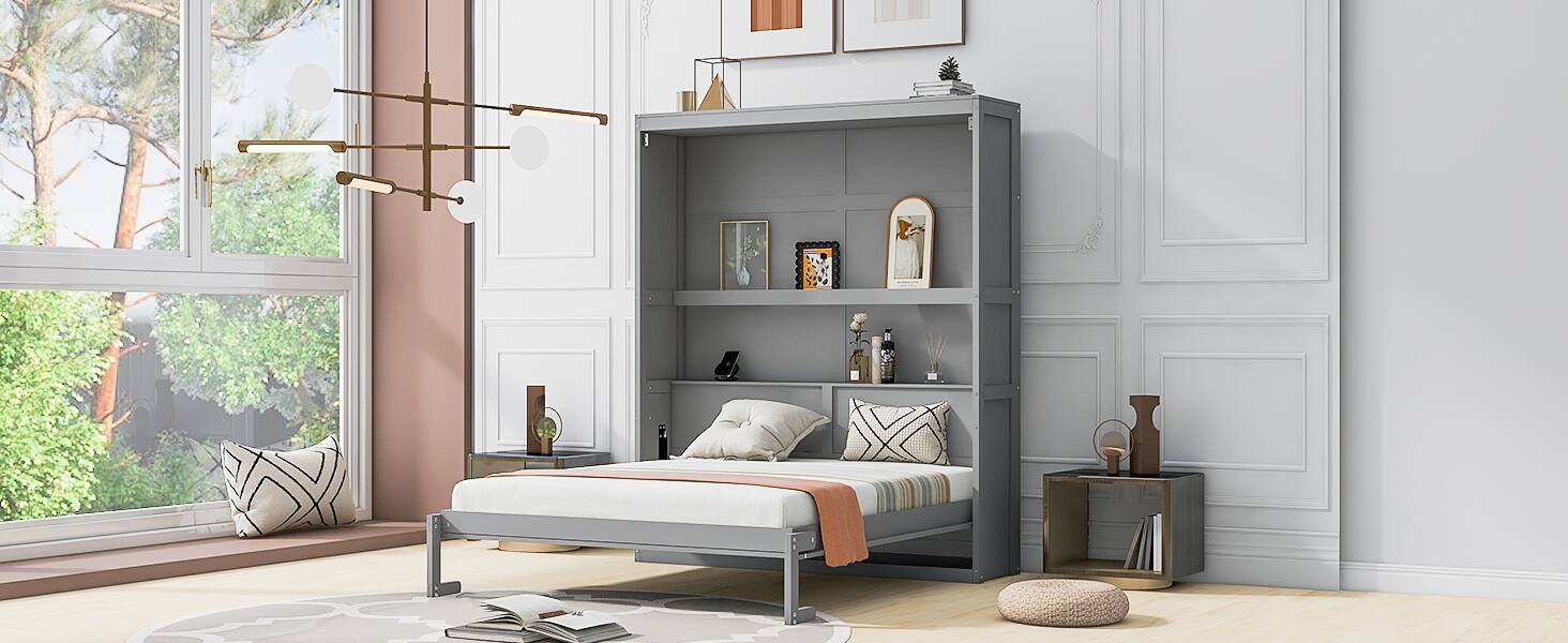 Alt View 9. Tiramisubest - Queen Size Gray Murphy Bed with Shelves, Solid Wood+MDF, Space-Saving - Gray.