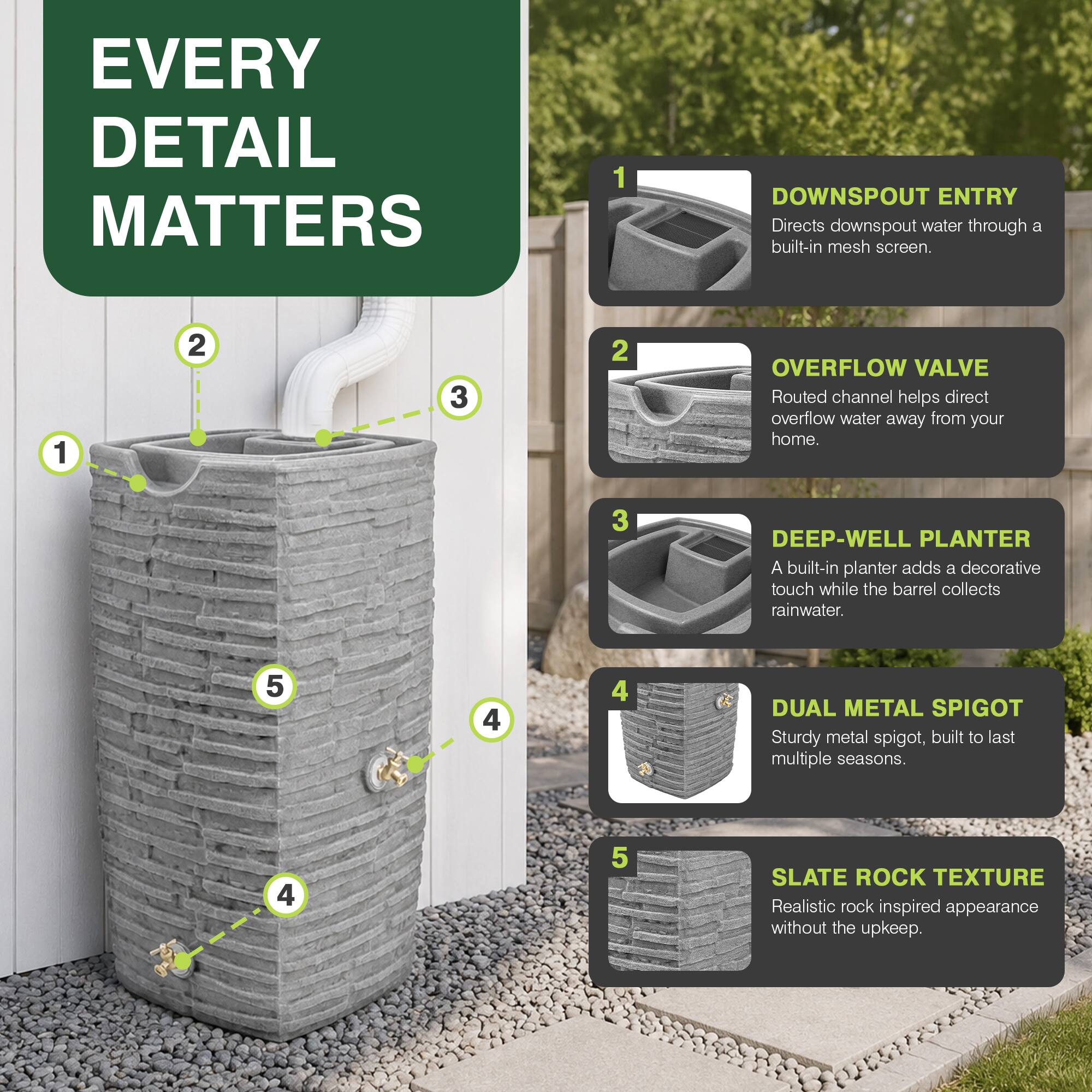 EVERY DETAIL MATTERS

1. DOWNSPOUT ENTRY
   - Directs downspout water through a built-in mesh screen.

2. OVERFLOW VALVE
   - Routed channel helps direct overflow water away from your home.

3. DEEP-WELL PLANTER
   - A built-in planter adds a decorative touch while the barrel collects rainwater.

4. DUAL METAL SPIGOT
   - Sturdy metal spigot, built to last multiple seasons.

5. SLATE ROCK TEXTURE
   - Realistic rock inspired appearance without the upkeep.