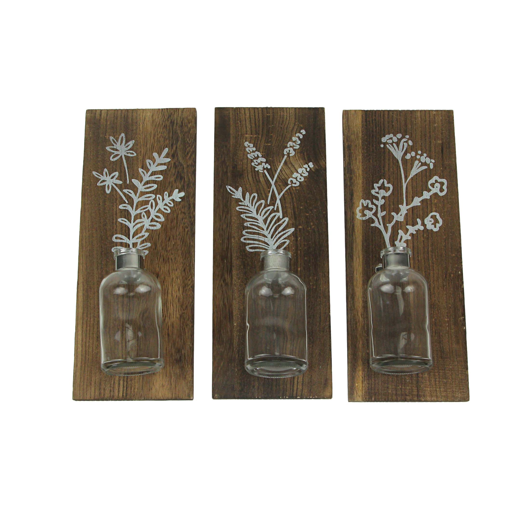 Front. Zeckos - Set of 3 Wood Framed Glass Bottle Wall Vases Bohemian Style Boho Decor - Brown.