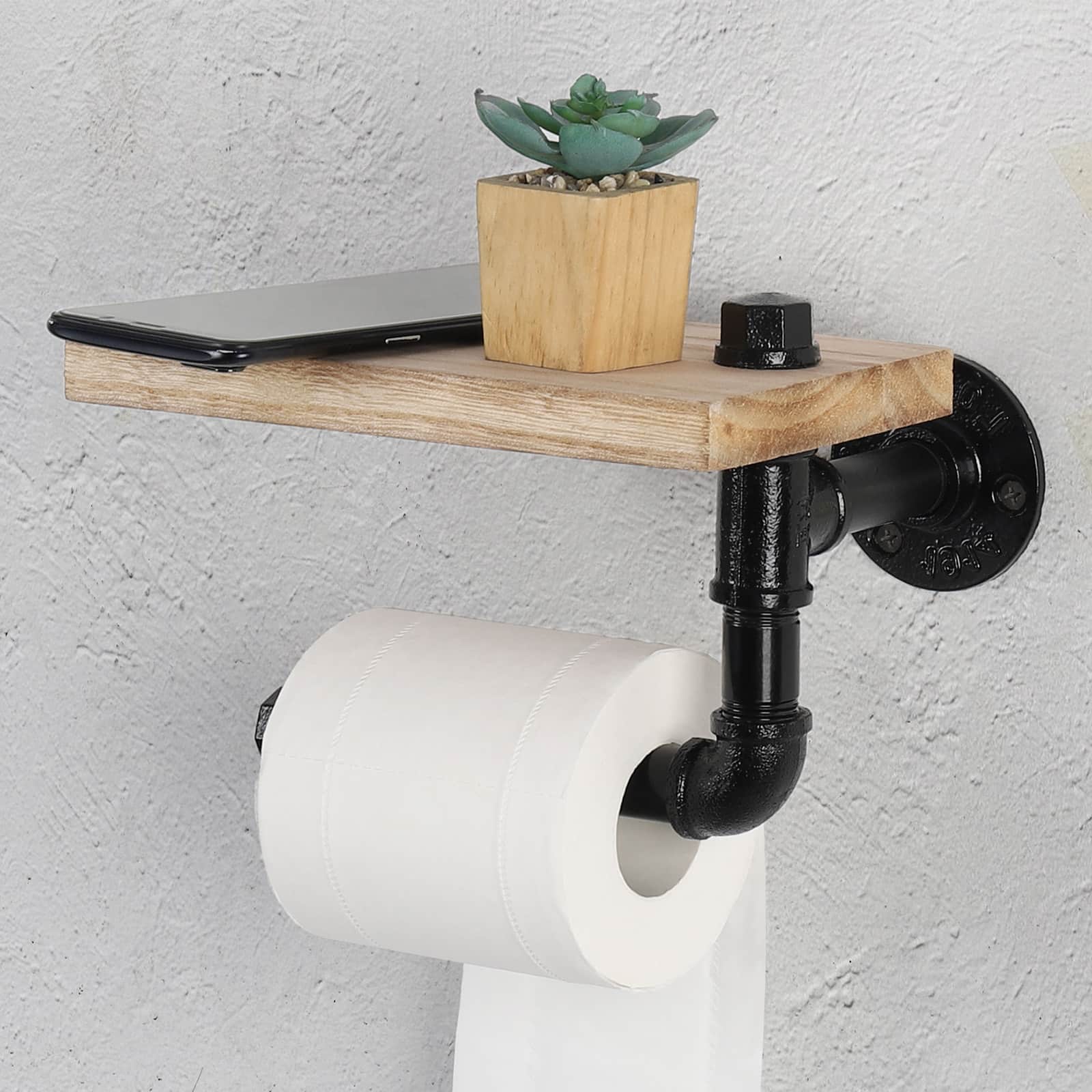 Oumilen - Industrial Pipe Single Paper Towel Holder with Natural Wood Shelf – Wall Mounted for Kitchen Bathroom